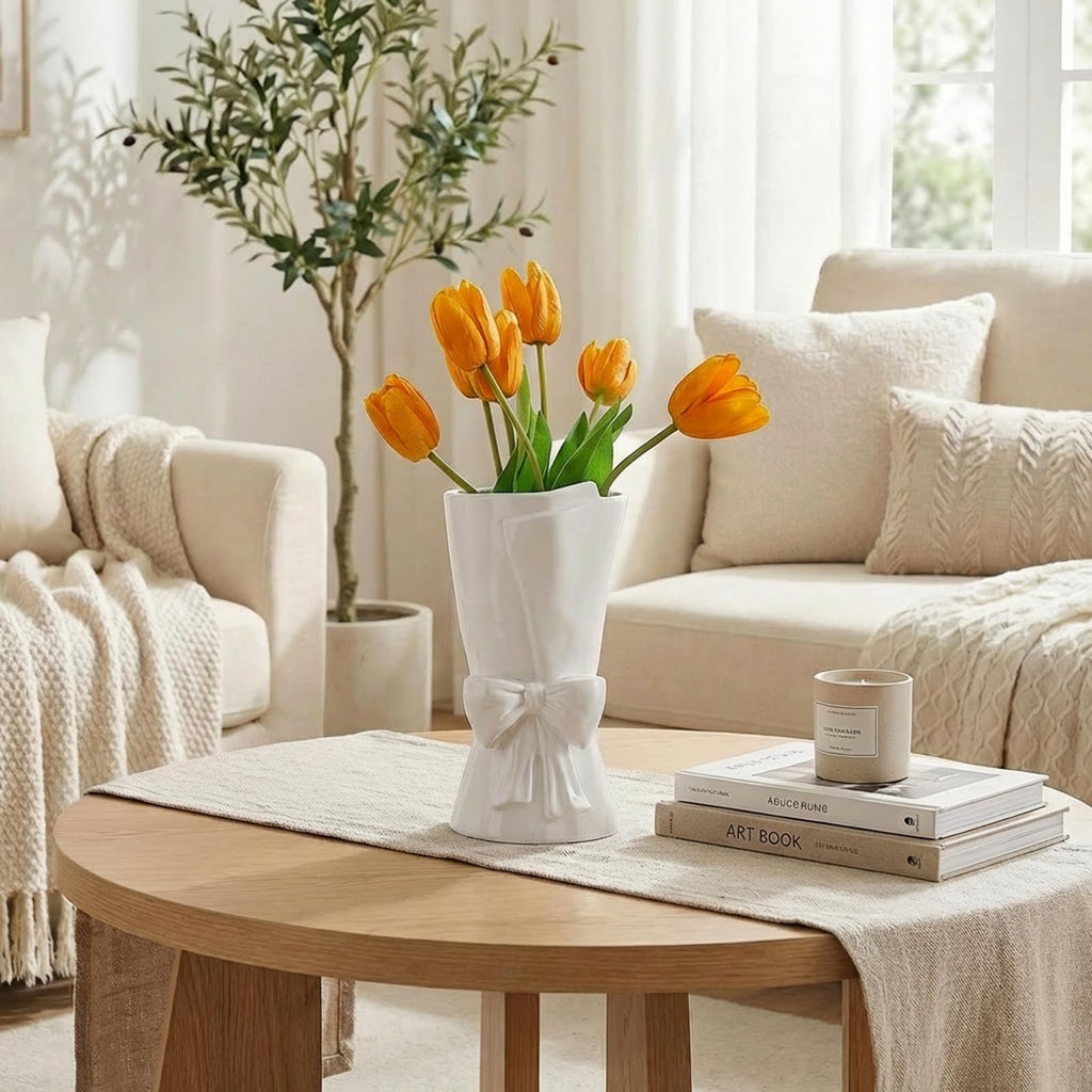 Relexome Beige Ceramic Bow Vase 9.64 in Unique Cute Modern Decorative Bouquet Flower Vases for Home Living Room Table Decor Women Girl Gifts