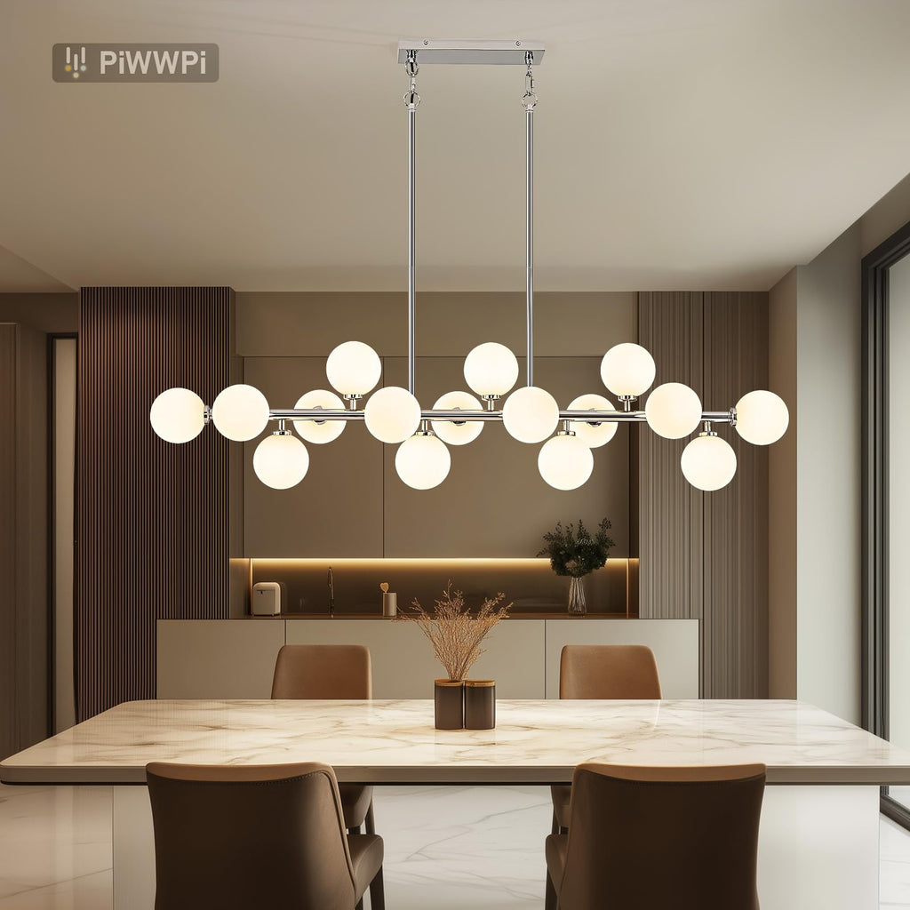 Modern Linear Chandeliers for Dining Room, 8-Light Globe Sputnik Pendant Ceiling Light, Black Dining Room Light Fixture Over Table, Mid Century Glass Milk White Bubble, 31.5 Inch, GC-09