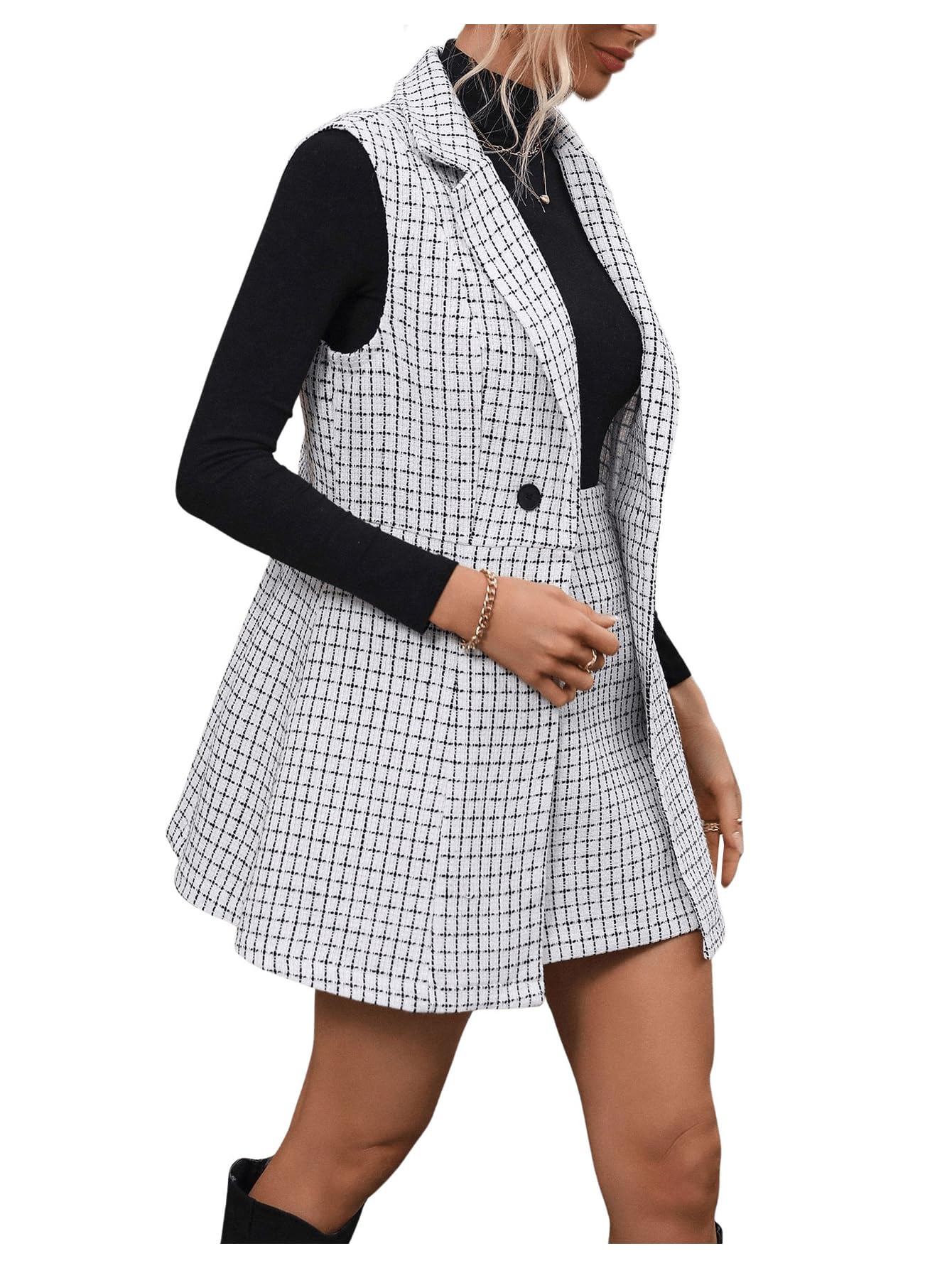 Floerns Women's 2 Piece Outfit Workwear Plaid Print Lapel Neck Vest Blazer and Skirt Set