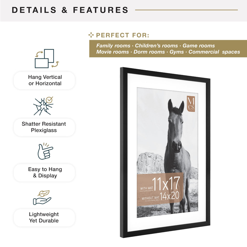 MCS Everline Collection 14x20 Matted Poster Frame with 11x17 Picture Display, Black Vertical & Horizontal Wall Hanging Large Frame for Photos, Posters & Art Prints (1-Pack)