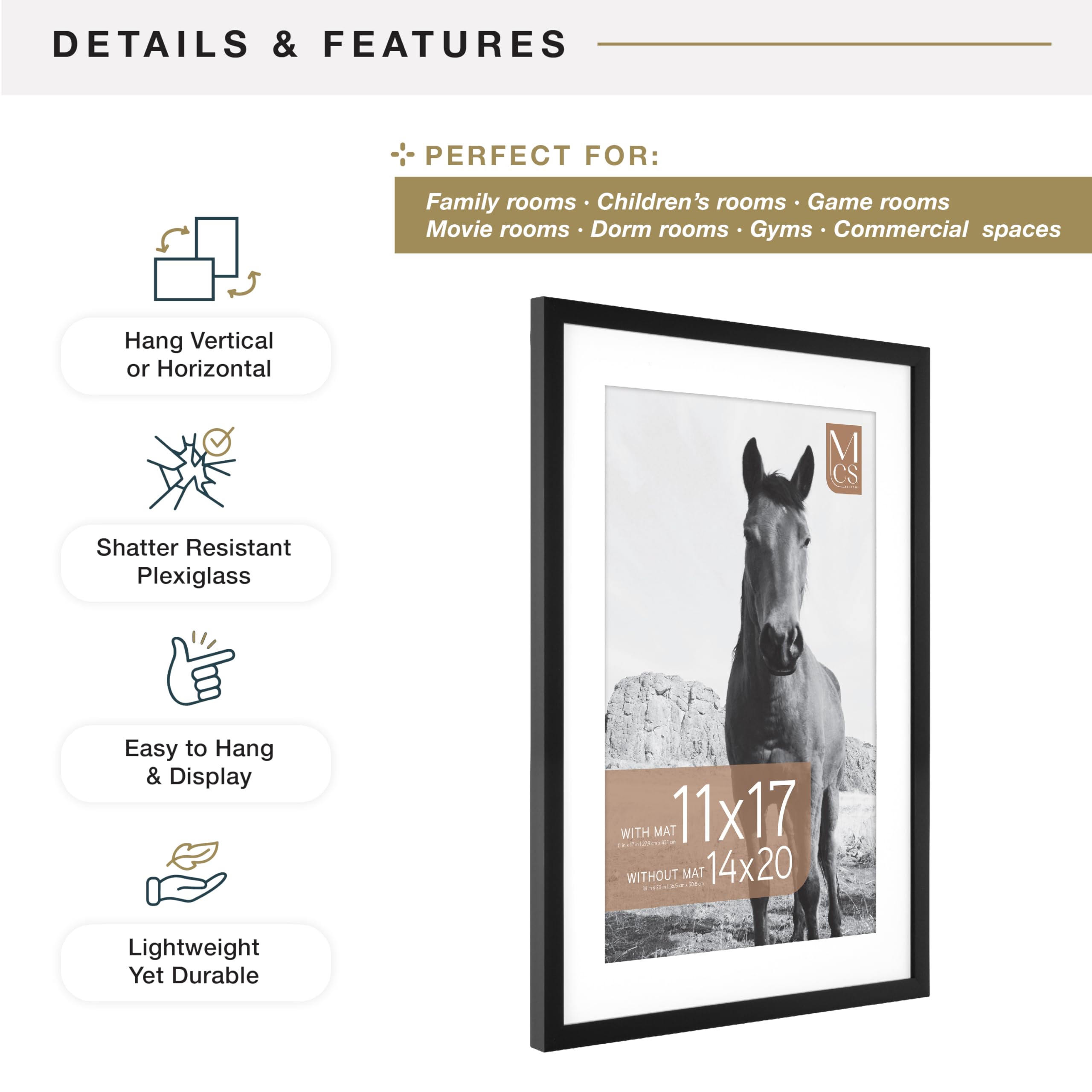 MCS Everline Collection 14x20 Matted Poster Frame with 11x17 Picture Display, Black Vertical & Horizontal Wall Hanging Large Frame for Photos, Posters & Art Prints (1-Pack)