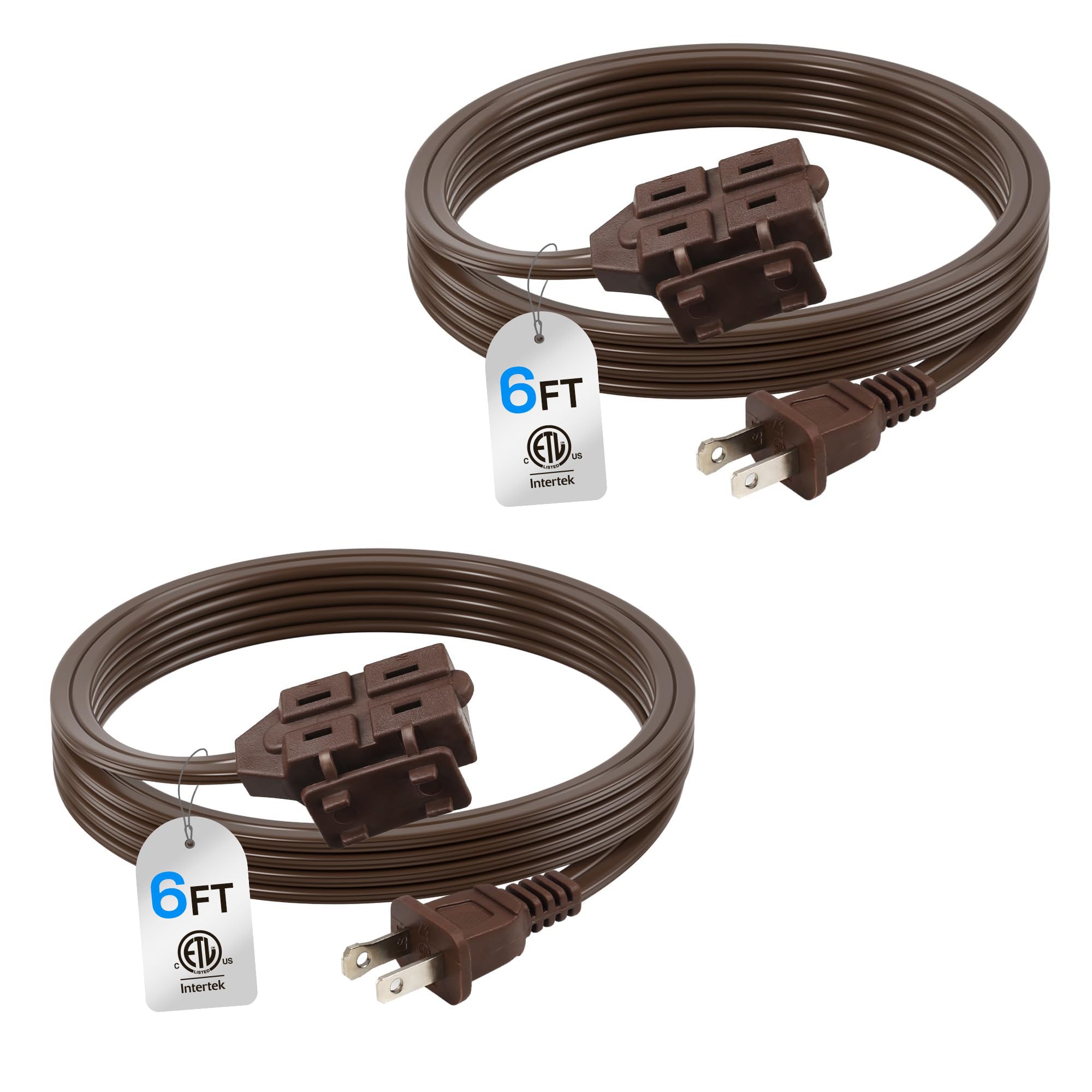 BN-LINK 6ft Indoor Extension Cord, 2 Pack, 3-Outlet Polarized Flat Cable, Household Power Cord for Home, Office, and Holiday Decorations, Black