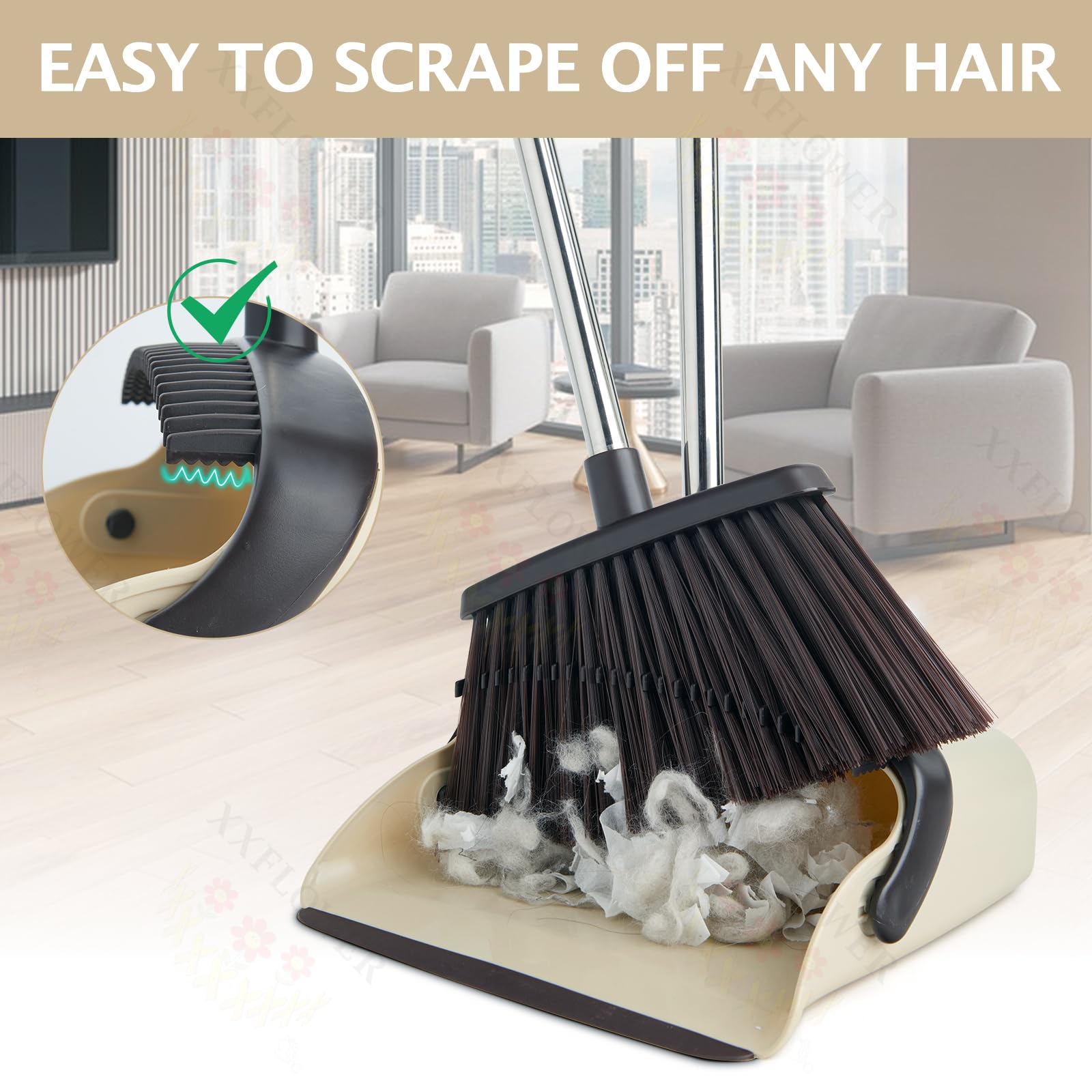 Broom and Dustpan Set with Long Handle, Heavy Dust Broom and Dustpan Combo for Home，Kitchen, Office, Pet Hair(Beige)