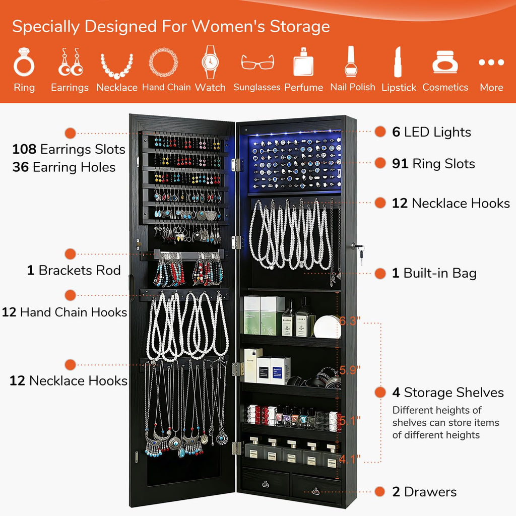 GISSAR Full Length Mirror Jewelry Cabinet, 6 LEDs Jewelry Armoire Wall Mounted Over The Door Hanging, Jewelry Organizer Storage with Lights Lockable, Black, 14.6" x 47.2"