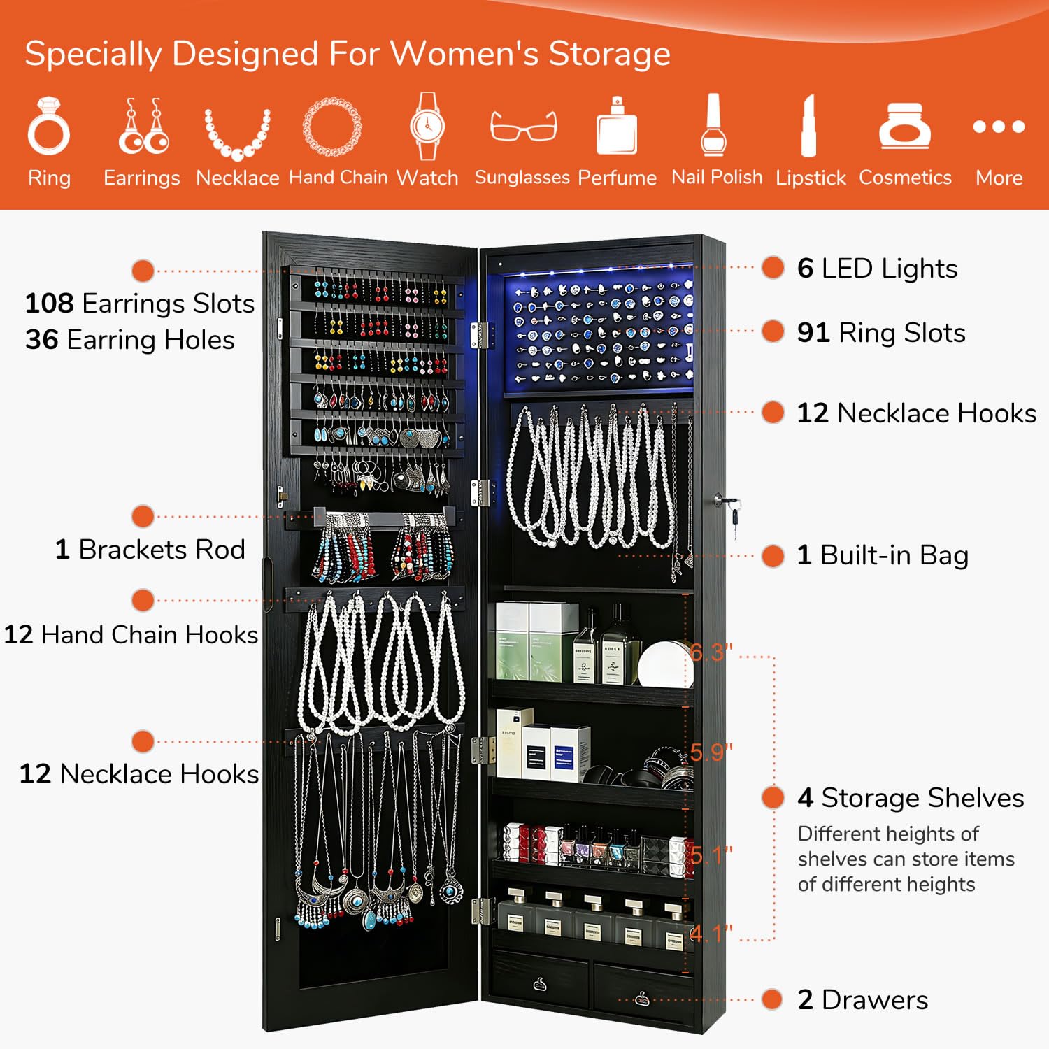 GISSAR Full Length Mirror Jewelry Cabinet, 6 LEDs Jewelry Armoire Wall Mounted Over The Door Hanging, Jewelry Organizer Storage with Lights Lockable, Black, 14.6" x 47.2"