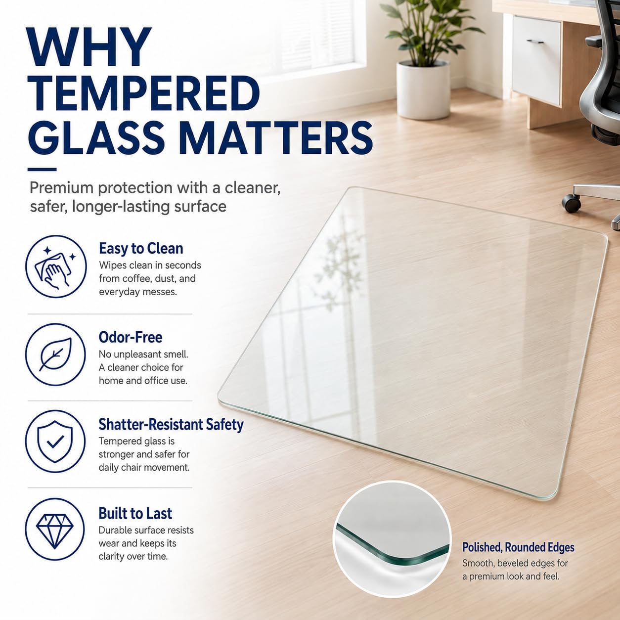 Tempered Glass Chair Mat 48" x 32",1/5" Thick for Office Desk,Rolling Chair Mat for Carpet, Odorless, Easy to Clean with 4 Non-Slip Pads for Carpet & Hardwood Floors
