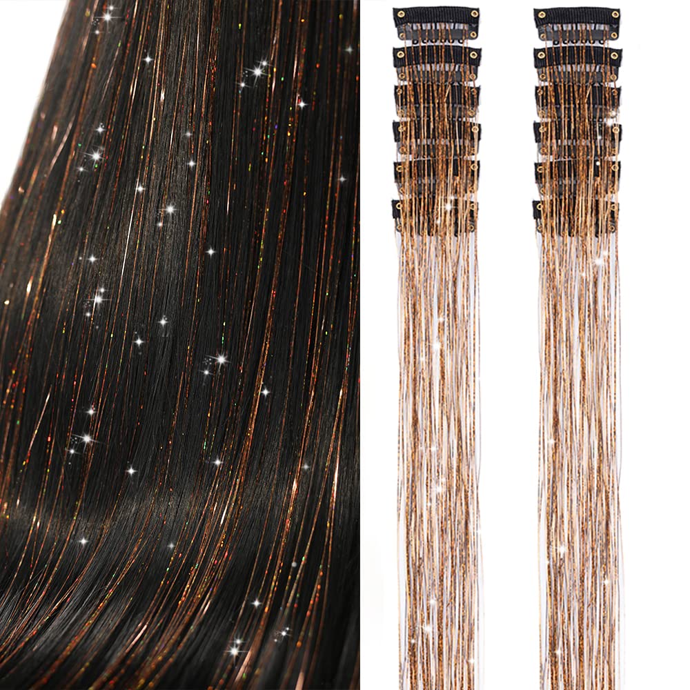 Clip in Hair Tinsel, Pack of 12 Pcs 20 Inch,Glitter Tinsel Hair Extensions, Festival Tinsel Fairy Hair Extension Party Dazzle Hair Accessories Strands Kit for Women Girls(12Pcs,Black#)