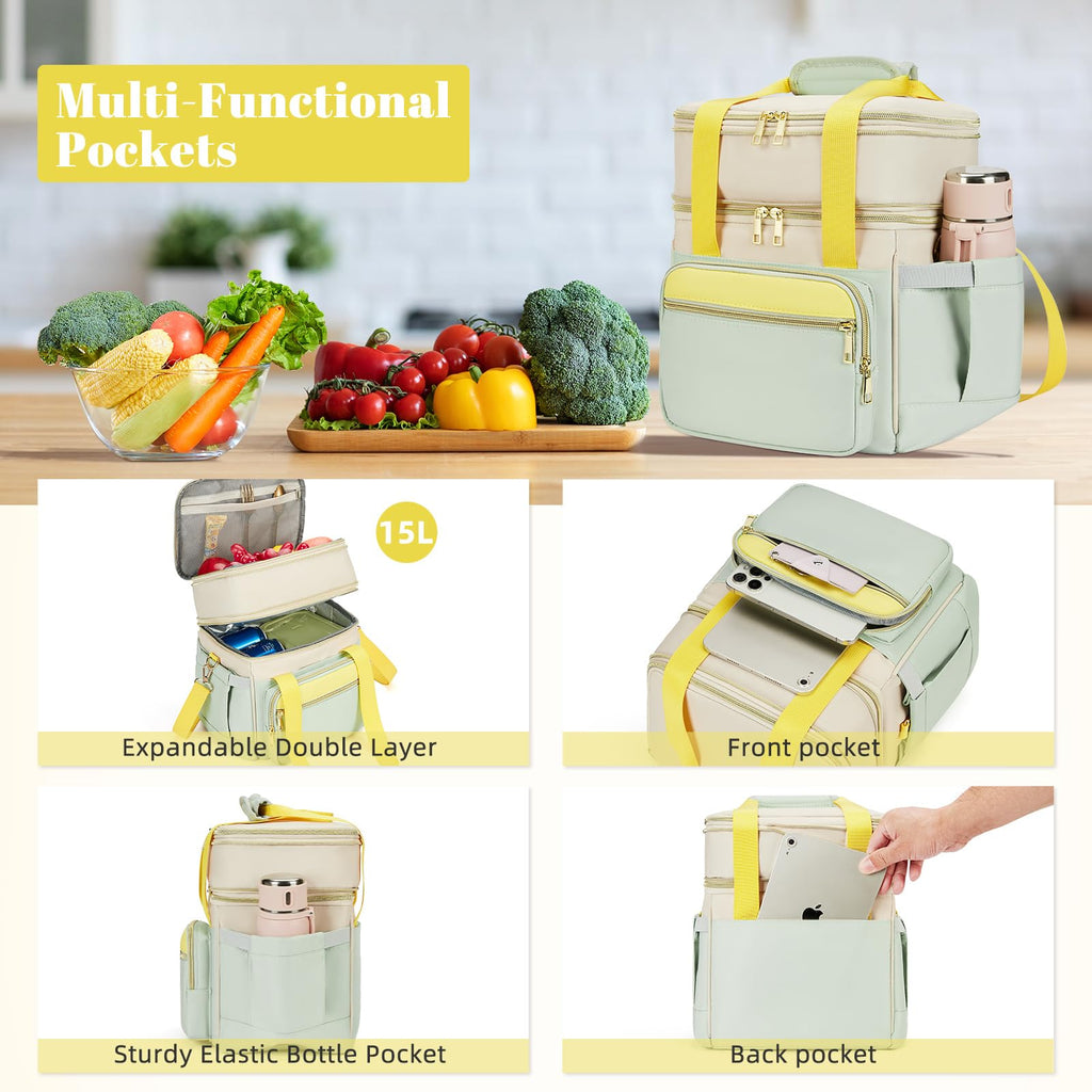 holuxer Insulated Lunch Bag & Lunch Box for Men - Double Deck Reusable Lunch Bag for Women Tote Cooler Bag Leakproof Soft Expandable - Large Lunchbox for Work/Adult/Picnic/Outdoor (Black，15L)