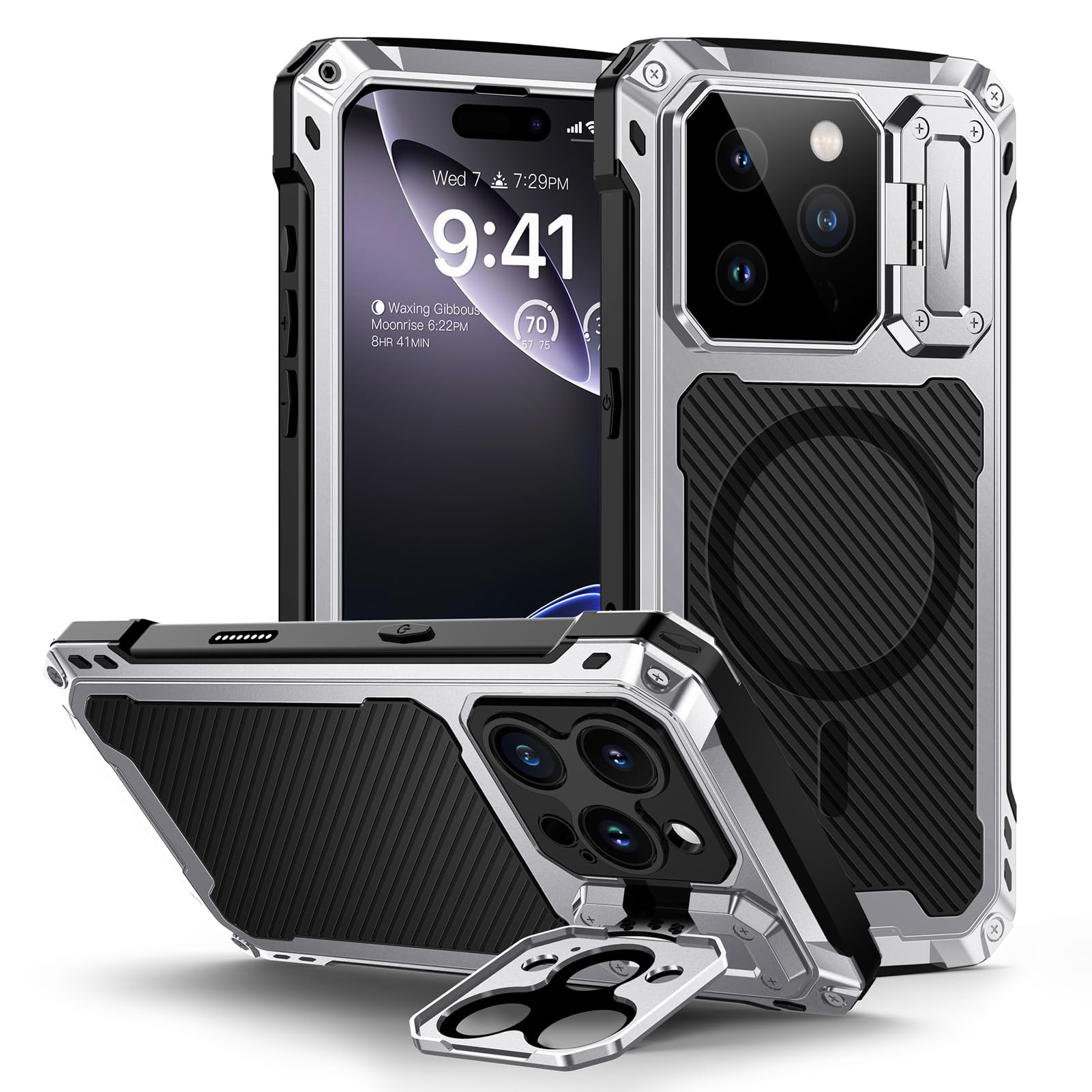 Lanhiem for iPhone 16 Metal Case with Camera Cover & Stand [Compatible with MagSafe] [Built-in Kickstand] [Military-Grade Protection] Heavy Duty Rugged Magnetic Phone Case, Black