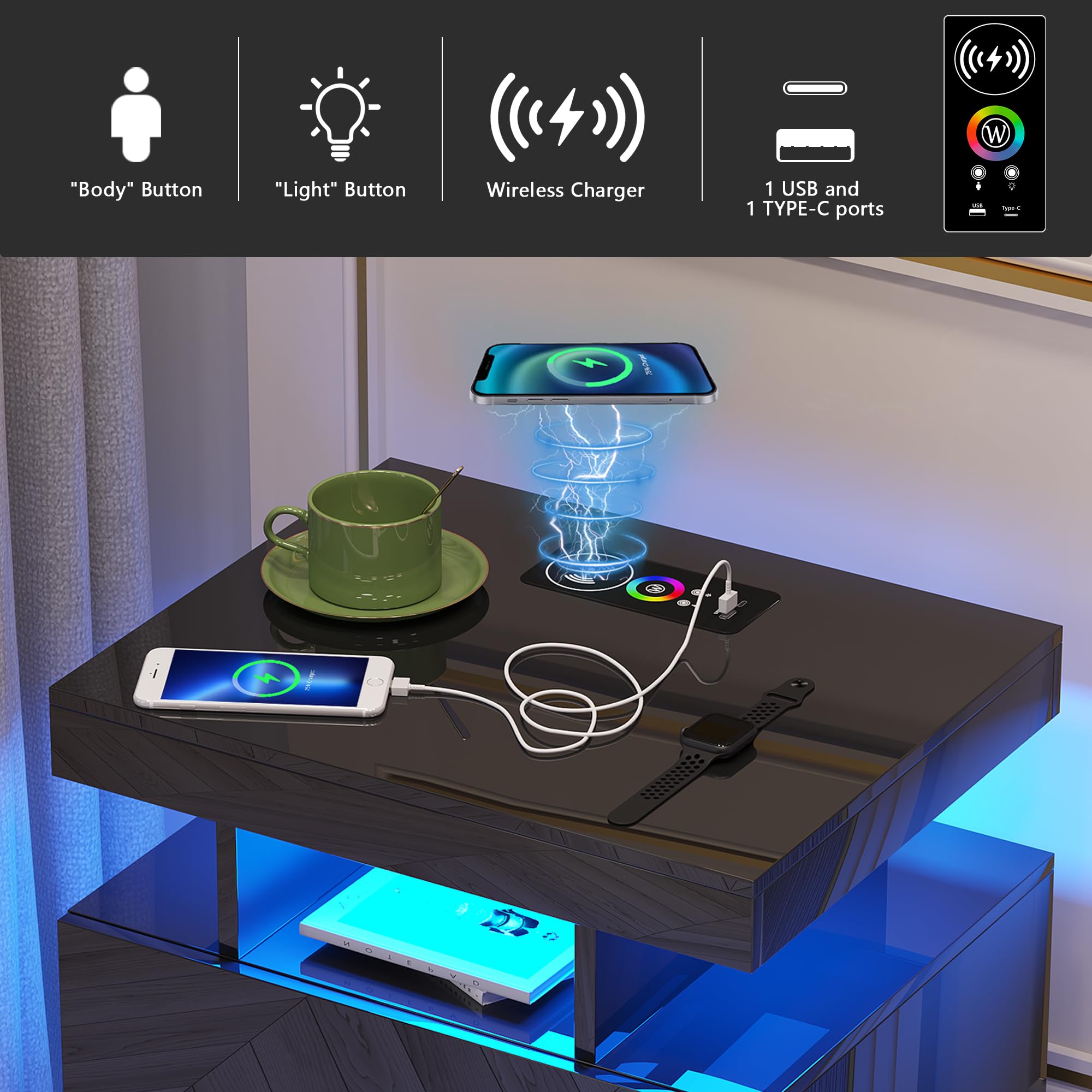 HNEBC LED Nightstand with Charging Station,Smart Bedside Table with Motion Sensor Lights,3 Drawers,Tempered Glass Top,High Gloss End Table with 3 Color Lights for Bedroom, Living Room,Office-Black