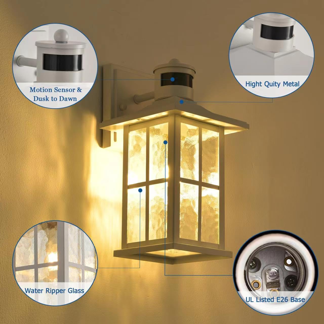 FLEDAVID Motion Sensor Outdoor Wall Light Fixtures Dusk to Dawn Exterior Porch Lantern White Outside Sconce Lighting Rustic Wall Mount Lamp with Water Ripple Glass for House Garage Patio Entryway