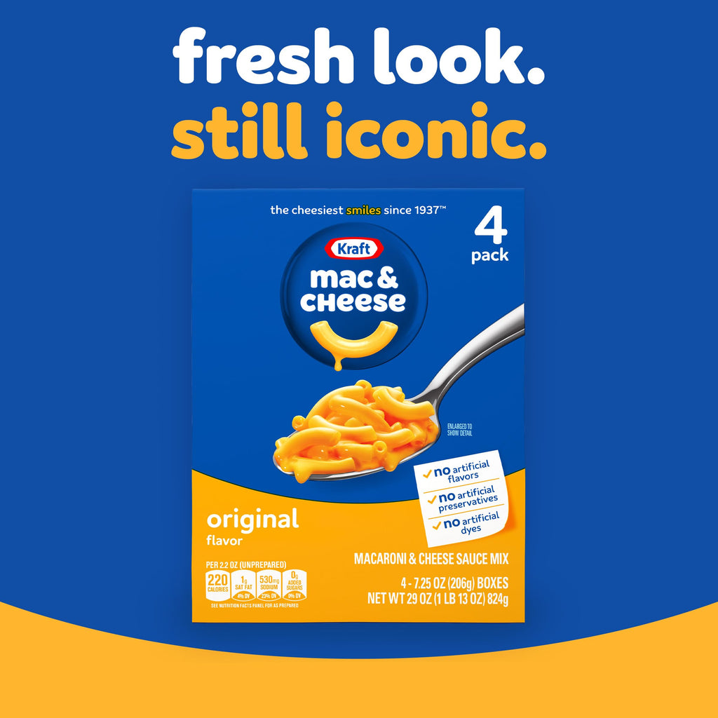 Kraft Mac and Cheese, 4 Boxes, for Easy Dinner or Dinner Sides, Original Flavor, No Artificial Flavors, Preservatives or Dyes, 7.25 oz