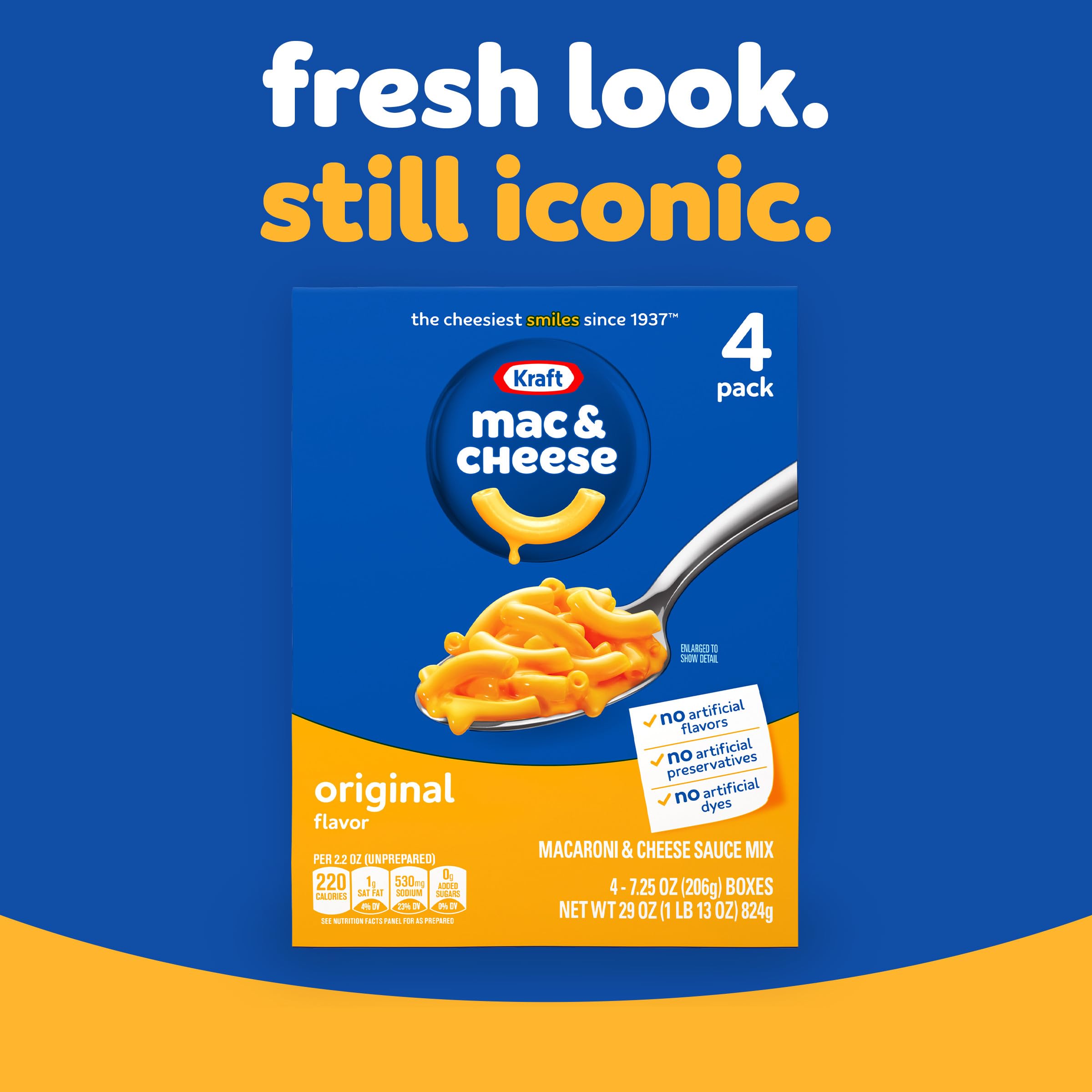 Kraft Mac and Cheese, 4 Boxes, for Easy Dinner or Dinner Sides, Original Flavor, No Artificial Flavors, Preservatives or Dyes, 7.25 oz