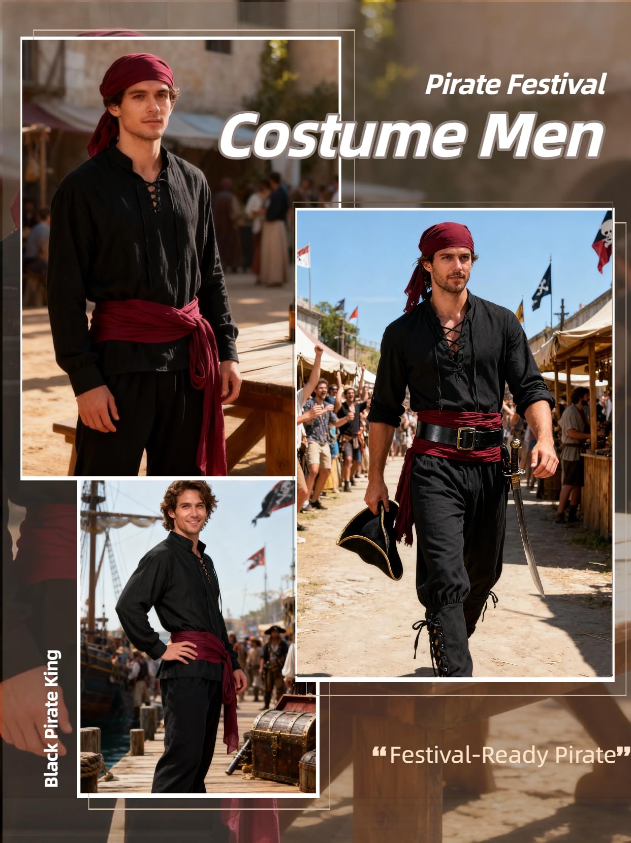 Verceco Mens Pirate Costume Outfit Renaissance Costume Men Medieval Outfit With Pirate Pants Shirts Sash Accessories (Black, Medium)