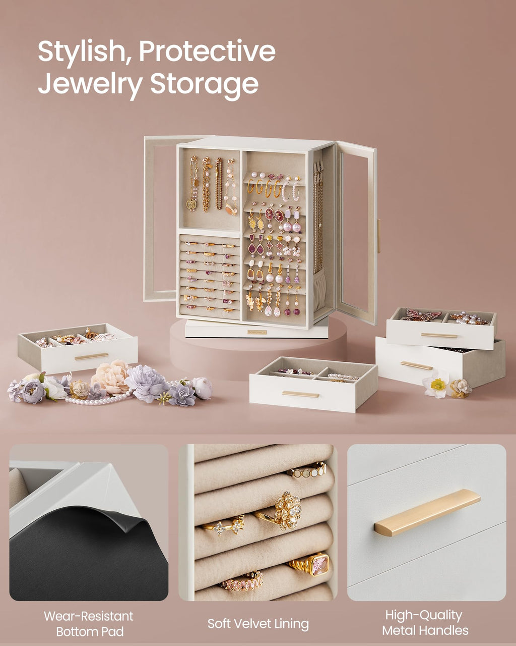 SONGMICS GISELLA Collection - Jewelry Box Organizer 360° Rotating, Vertical Jewelry Storage Case with 5 Drawers, Glass Window, Spacious, Open Design, Great Gift, Cloud White UJBC170W01