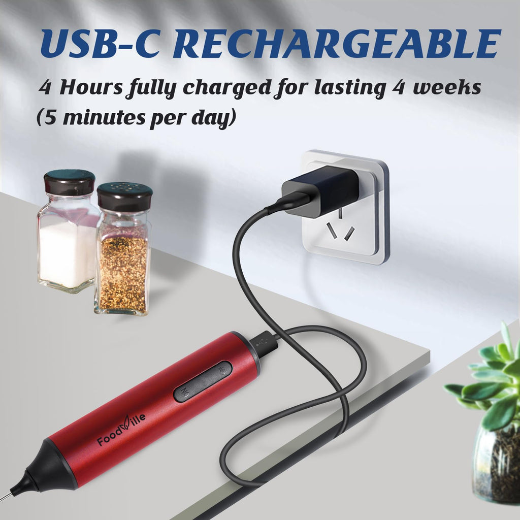 FoodVille MF05 Rechargeable Milk Frother USB Charging Handheld Foam Maker with Stainless Balloon Whisk for Cappuccino, Latte, Bulletproof Coffee, Keto Diet, Protein Powder, Matcha (Black)