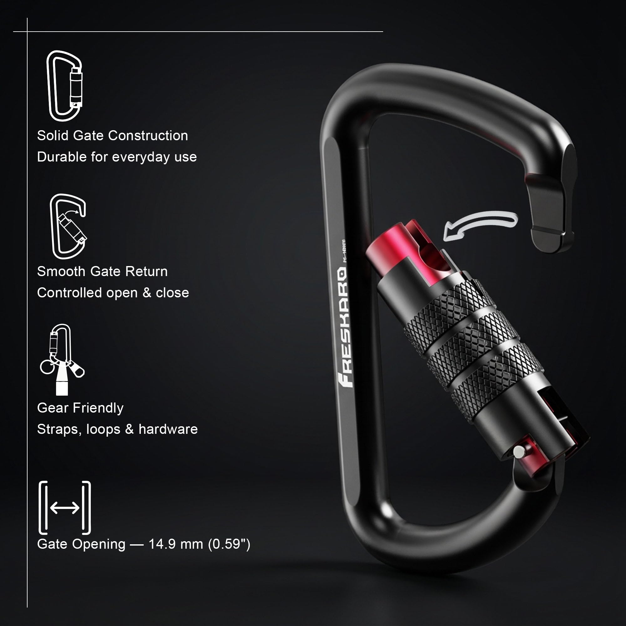 FresKaro 3inch 12kN-2698lbs Auto Locking Carabiner Clips, Solid D Shape, Heavy Duty 7075 Aluminum, Lightweight 1.09oz, Rust Proof, for Hammock, Hiking, Dog Leash, Keychain etc., Multi-Colors