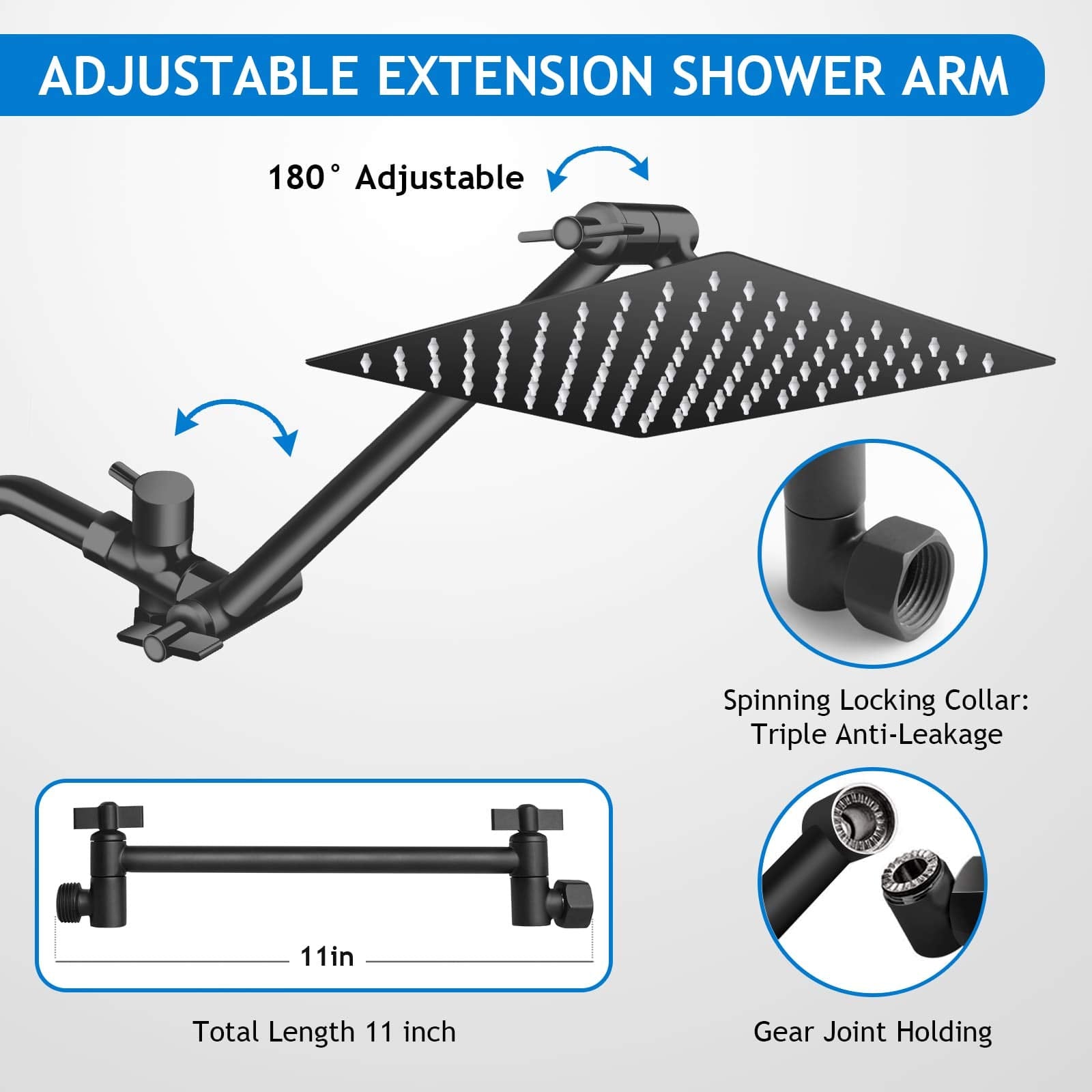 Shower Head Combo(Brushed Nickel),8 Inch High Pressure Rain Shower Head with 11 Inch Adjustable Extension Arm and 5 Settings Handheld Shower Head Combo,Powerful Shower Spray Against Low Pressure Water