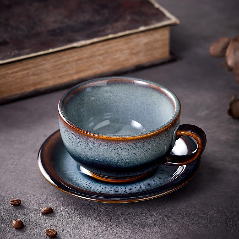 Coffeezone Vintage Design 12 oz Ceramic Latte Art Cappuccino Barista Cup with Saucer (Beige)