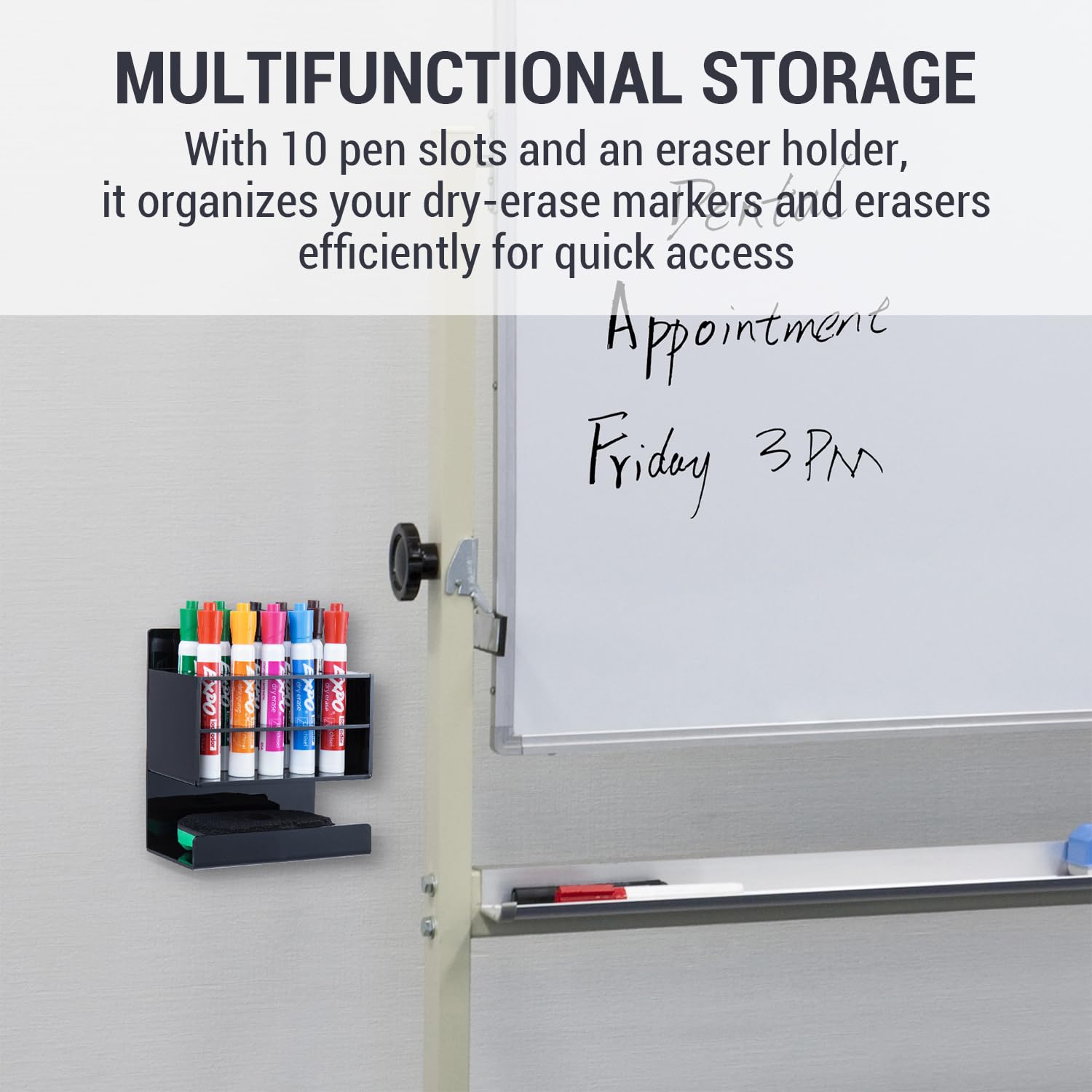 MyGift Dry Erase Marker Holder 10 Slots Whiteboard Marker Holder for Wall Dry Erase Eraser Holder Wall Mount Black