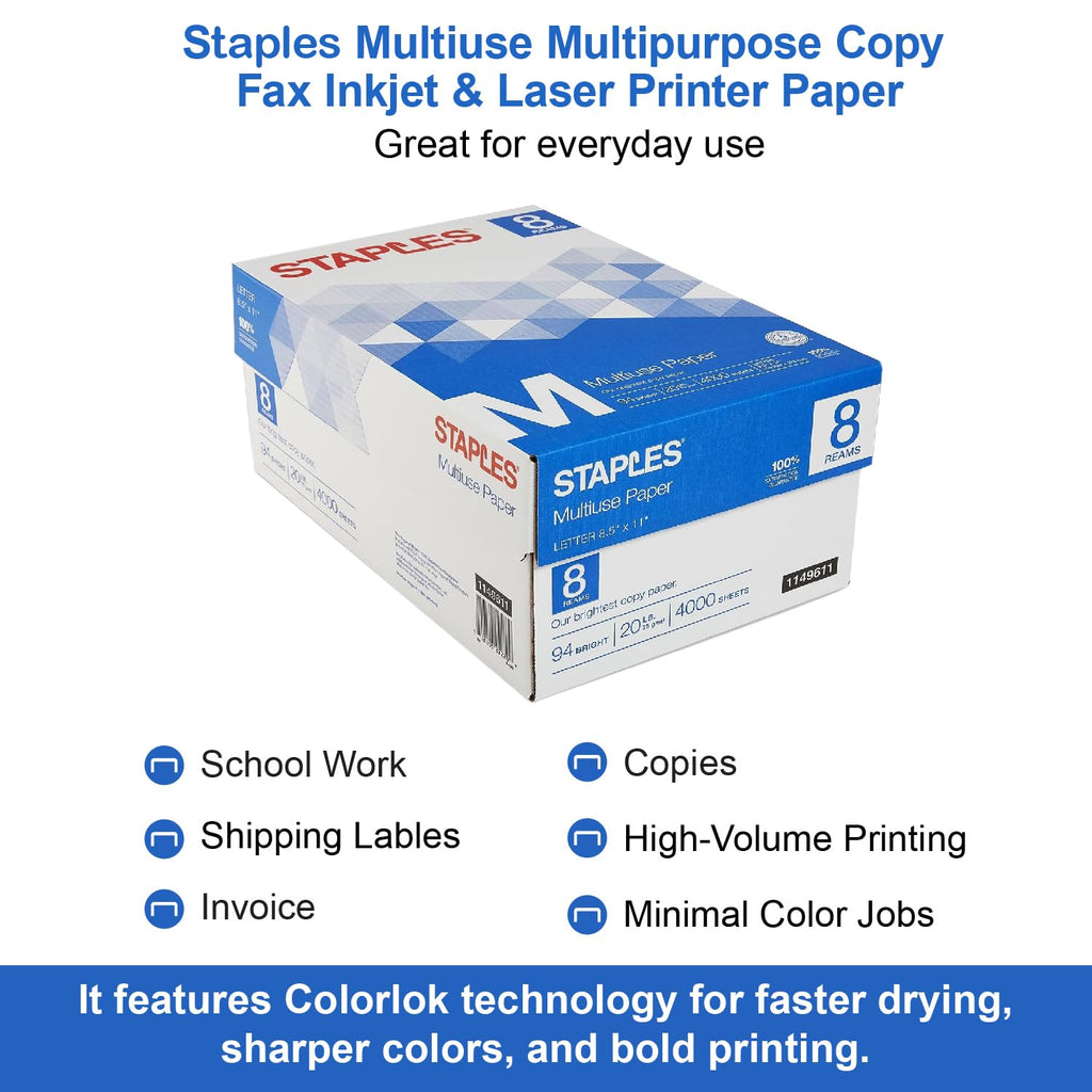 Staples Multiuse Copy Paper, 20 Lb, 94 Bright, 8 1/2" x 11", White, 3-Ream Case, For Office, School & Home