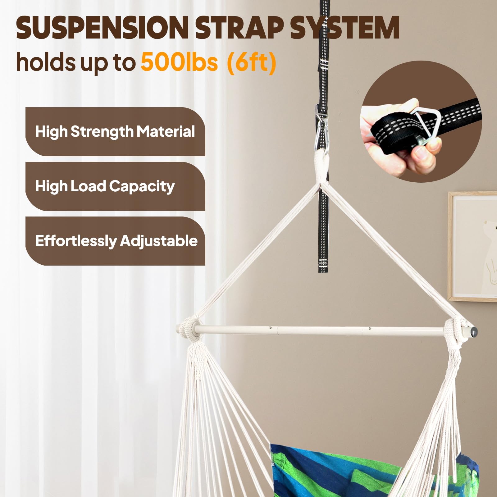 Chihee Hammock Chair Hanging Swing Max 500 Lbs 2 Cushions Included Metal Spreader Bar with Anti-Slip Grooves Portable Hanging Chair Side Pocket Large Macrame Bohemian Chair Indoor Outdoor | Hanging Swing with Anti-Slip Grooves Portable Hanging Chair Side