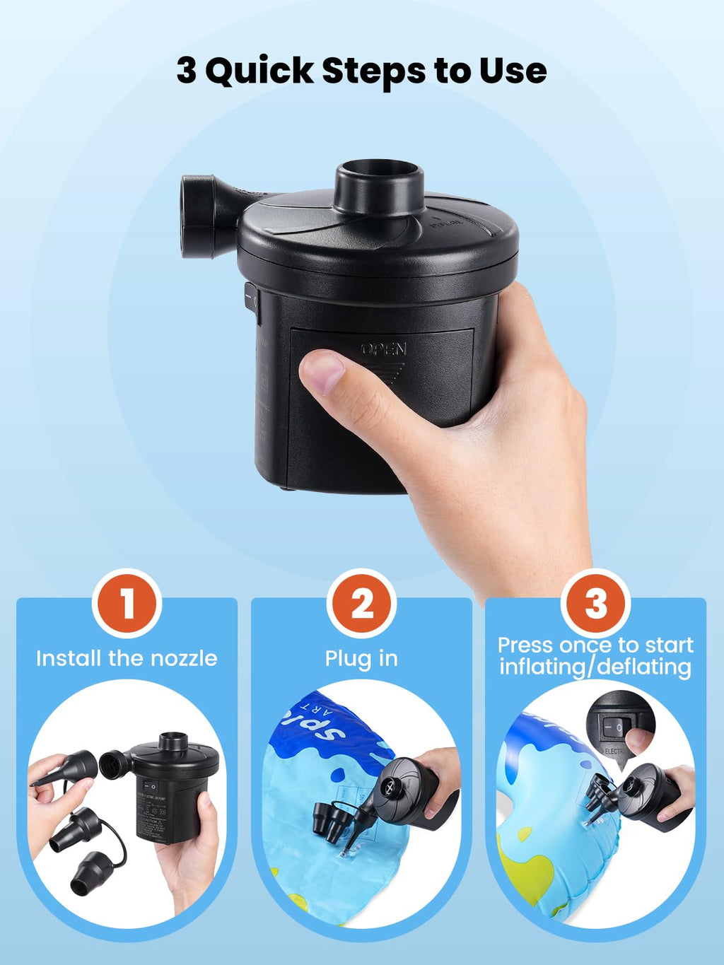 Dr.Meter Air Pump for Inflatables: AC 110V Air Mattress Pump with 3 Nozzles - Quick-Fill Electric Inflator Deflator for Inflatable Pool Raft Bed Boat Floats Swimming Rings Yoga Balls