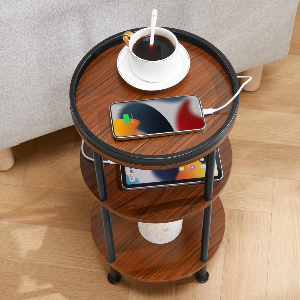 Small Round Side Table with Charging Station for Small Spaces, 3-Tier Accent Table with USB Ports & Power Outlets, Sofa Corner Tea Table for Living Room Nightstand Bedroom Apartment (Black)