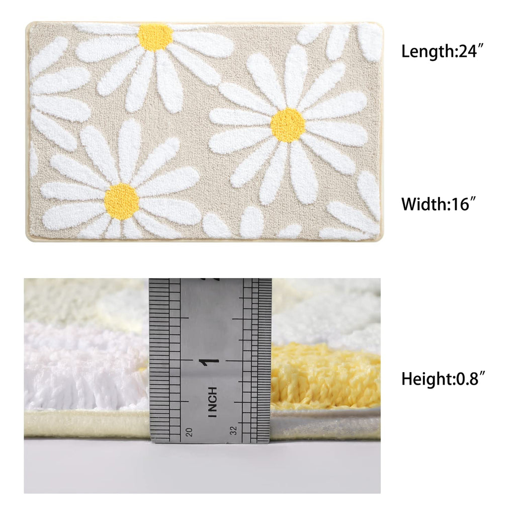 QJHOMO Beige Bathroom Rugs Cute Daisy Bath Mat White and Yellow Flower Decor Rug Non Slip Floor Carpet Microfiber Bathmat Super Absorbent Machine Washable Bathtub Mats for Shower (16x24 inch)