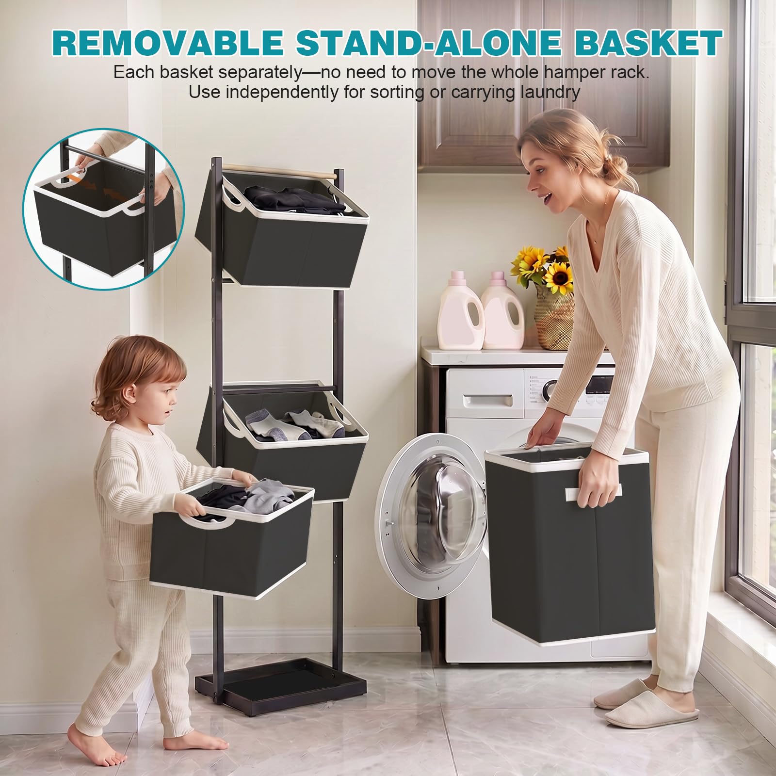 BAOKALER Rolling Laundry Hamper Cart with Wheels, 3 Tier White Laundry Baskets, Clothes Hamper with Portable Storage Baskets for Kitchens, Bathrooms, Bedrooms, Classrooms, Laundry Rooms(75L)