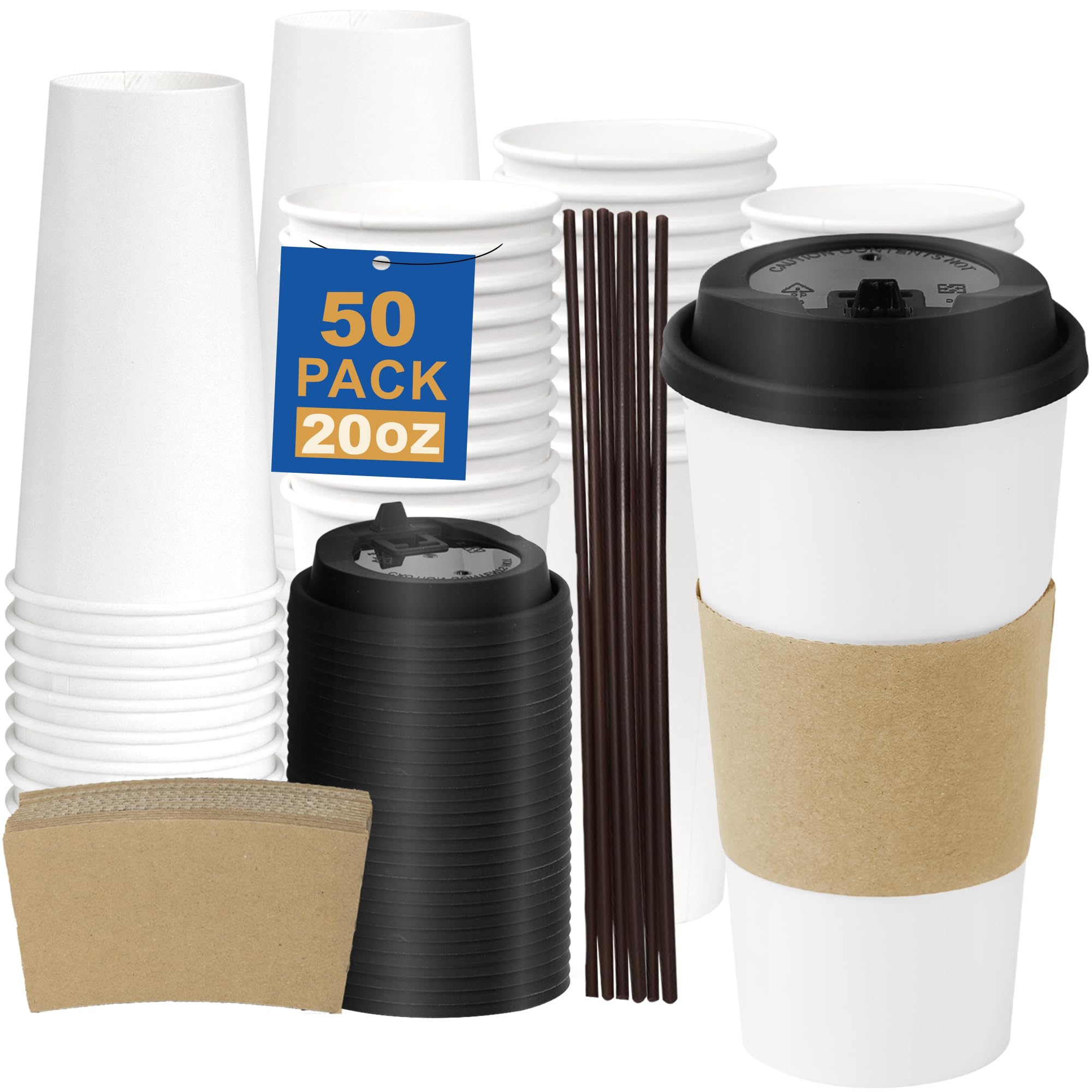16 oz 100 Pack Corrugated Ripple Wall Disposable Coffee Cups with Lids and Straws, Heavy Duty Insulated Cups for Hot Beverage or Cold Drinks, Bulk for Restaurants, Offices, Coffee Shops(Black)
