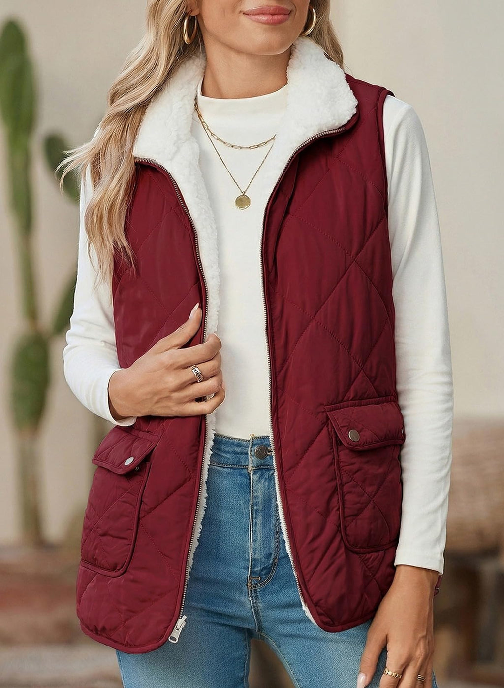 SHEWIN Women Puffer Vest Casual Stand Collar Sleeveless Puffer Jacket Warm Winter Reversible Zip Up Outerwear with Pockets