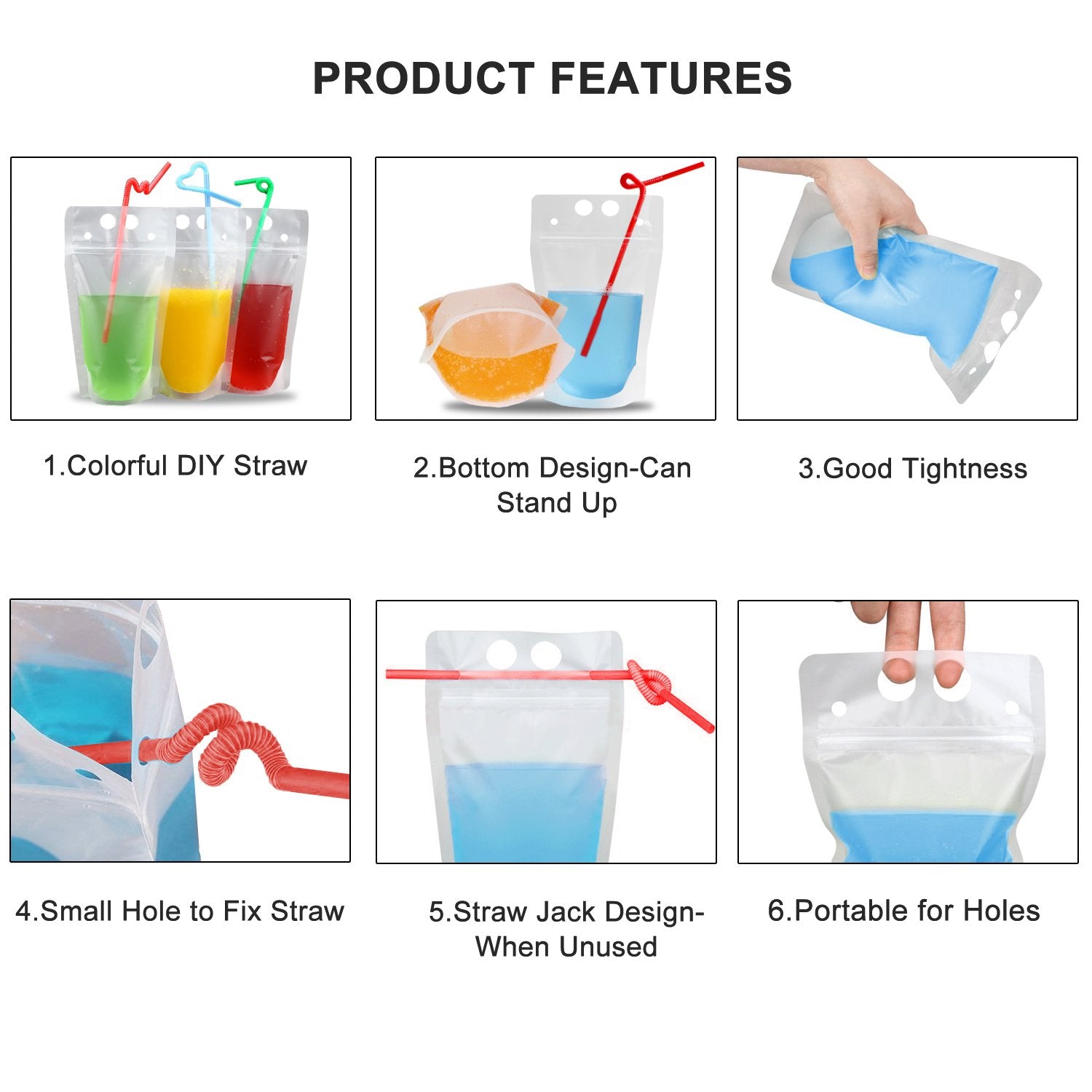 100 Pcs Drink Pouches with 100 Straw Holes, Freezable Juice Pouches, Translucent Reclosable Zipper Plastic Pouche Drink Bags for Cold & Hot Drinks for Adults and Kids World Cup Party