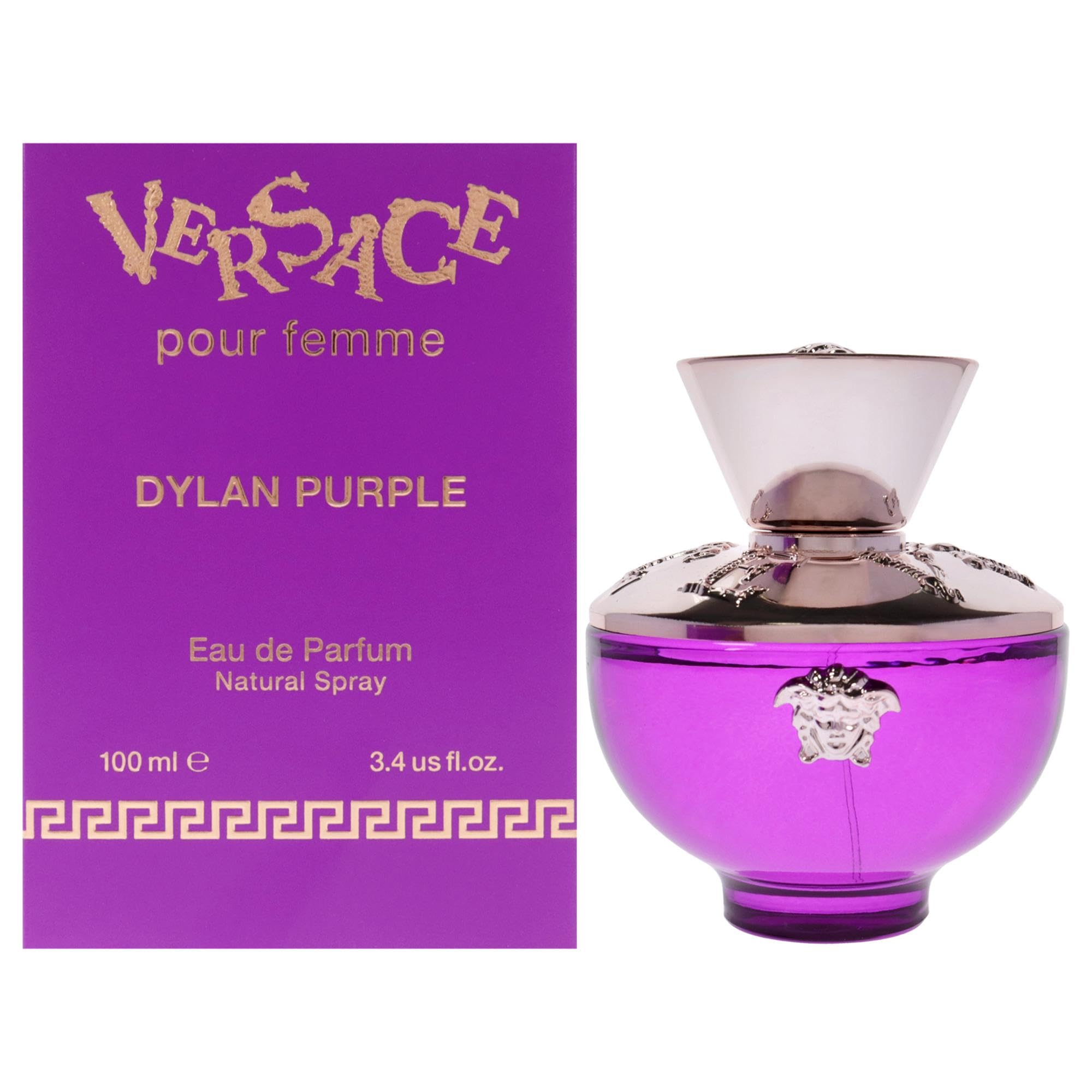 Versace Dylan Purple for Women 4 Piece Set Includes: 3.4 oz Eau de Parfum Spray + 3.4 oz Perfumed Bath Shower Gel + 3.4 oz Perfumed Body Lotion + 0.17 oz Eau de Parfum