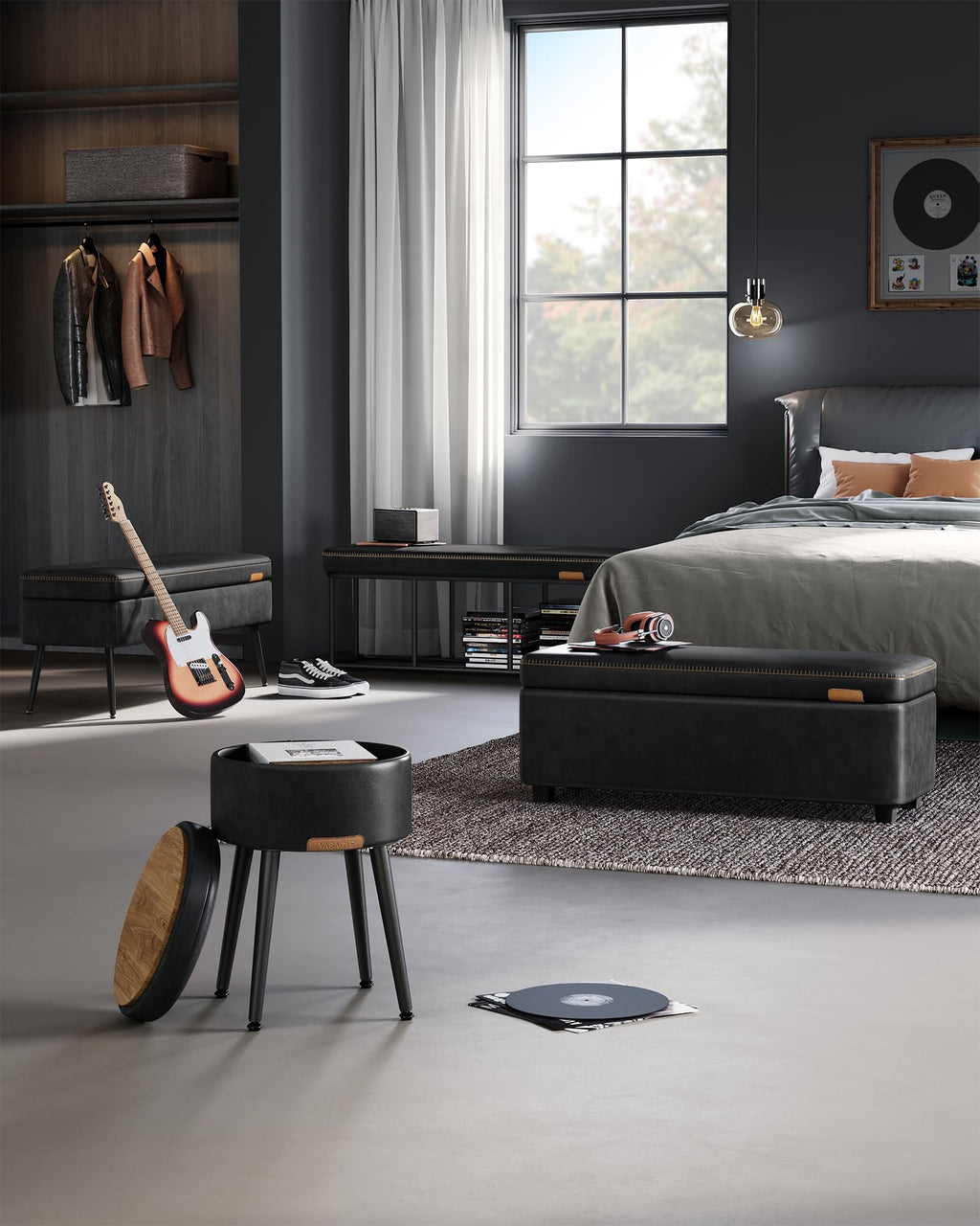 VASAGLE EKHO Collection - Storage Ottoman Bench, Entryway Bedroom Bench, 15 Gallons, Synthetic Leather with Stitching, Mid-Century Modern, Safety Hinges, Loads 660 lb, Caramel Brown ULOM074K01