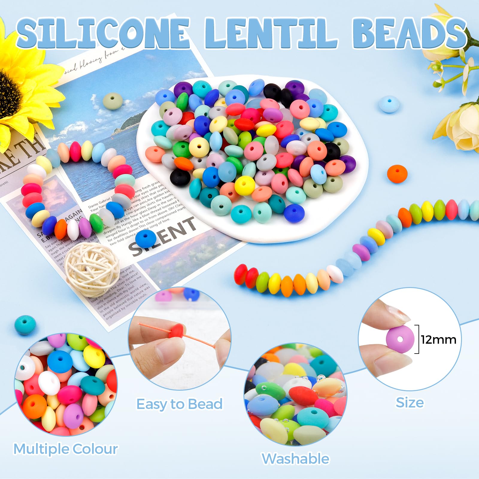 FIVEIZERO 180PCS Silicone Lentil Beads,12mm Spacer Beads | Flexible Silicone, 2mm Hole Design, Easy to Thread, Fade Resistant, Easy to Clean