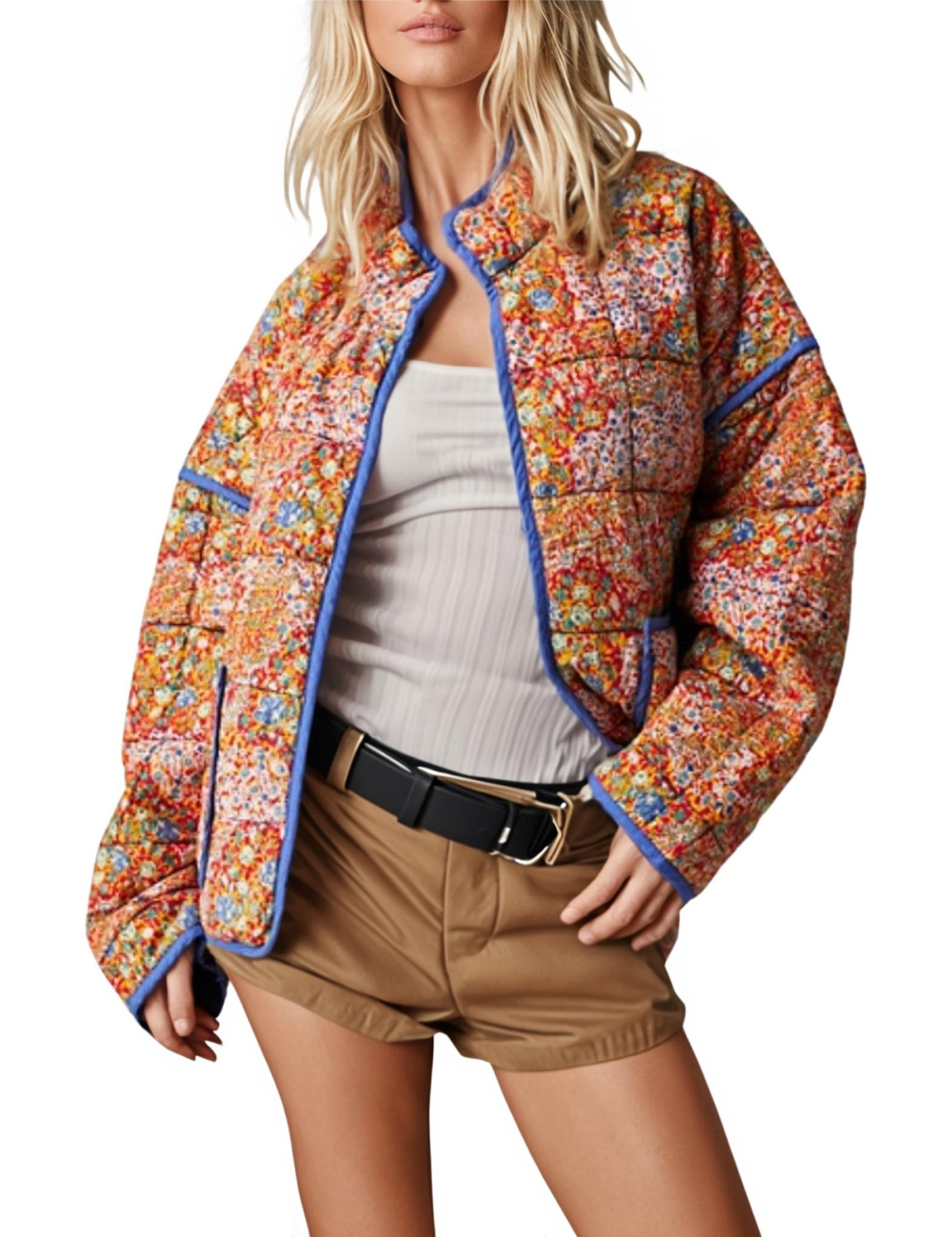 Omoone Women's Cropped Quilted Jacket Floral Printed LightWeight Padded Puffer Cardigan Coat Outwear