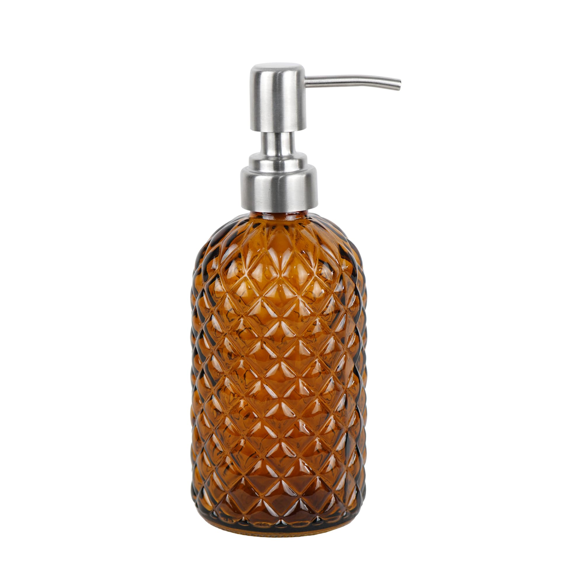 16 oz Diamond Pattern Glass Soap Dispenser, Kitchen and Bathroom Refillable Soap Dispenser with Rust Resistant Stainless Steel Pump for Hand Soap, Lotion Glass Liquid Dispenser(Amber)