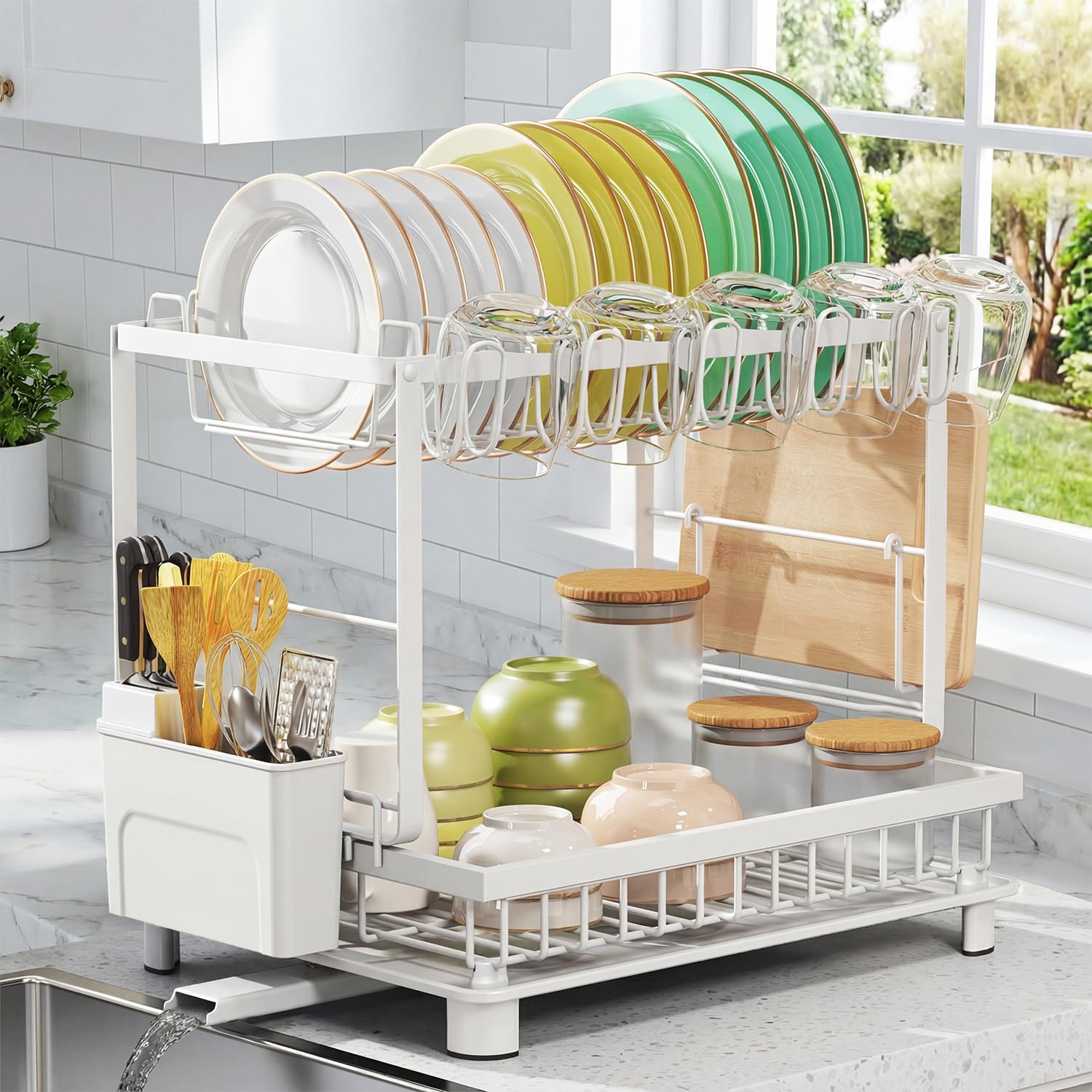 Dish Drying Rack, 2 Tier Space-Saving Dish Rack, Multifunctional Dish Drainer for Kitchen Counter with Drainboard/Utensil/Cup Holder Rustproof Carbon Steel, Black