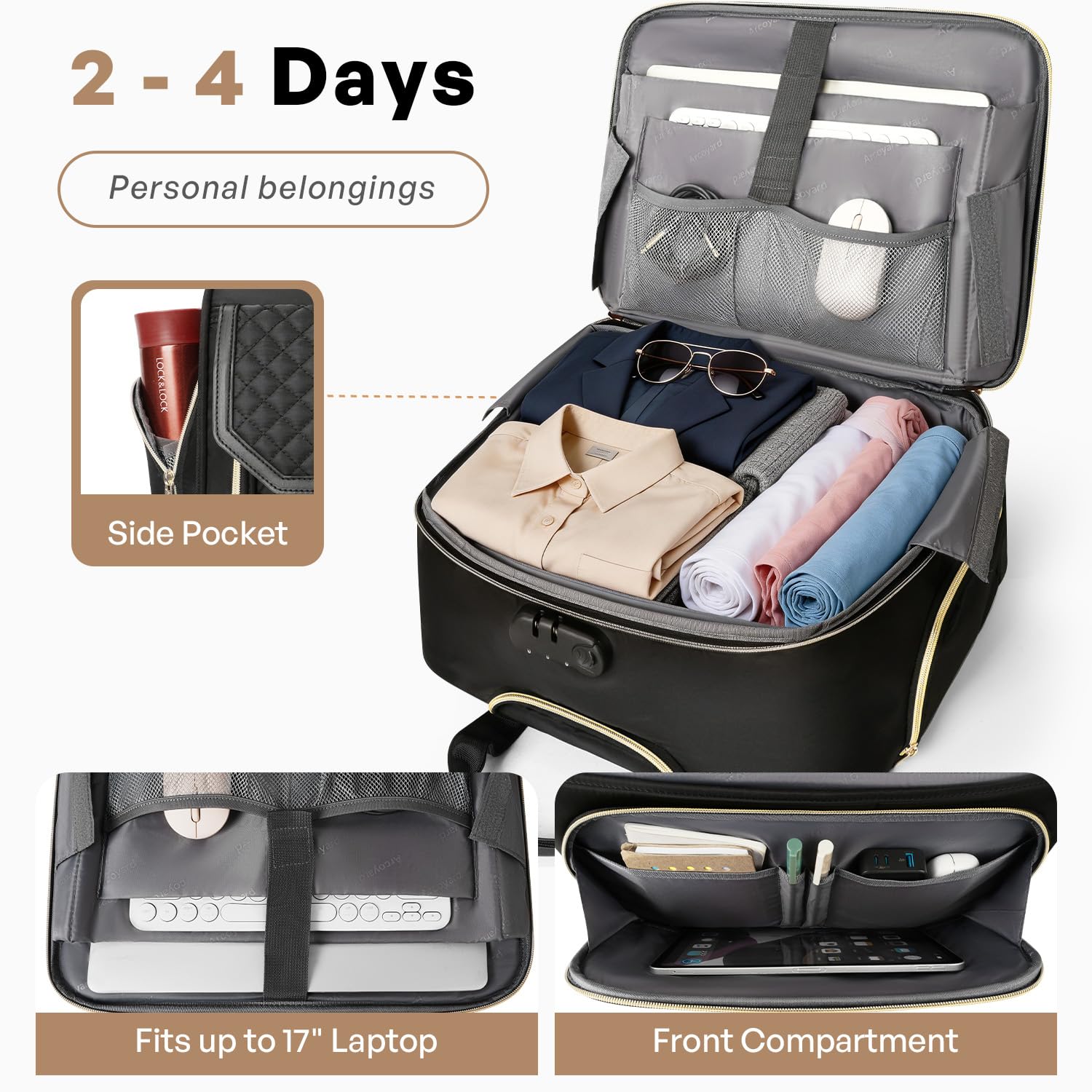 Rolling Laptop Bag for Women with 4 Spinner Wheels, 17 Inch Rolling Briefcase for Women with Lock, Waterproof Rolling Computer Bag with 11 Pockets & Padded Laptop Sleeve for Work Travel, Black