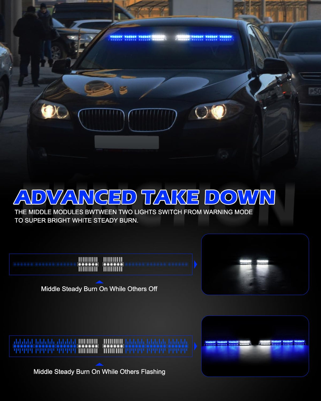 HLauto 604N Emergency Dash Strobe Lights: 2x16.8 inch Amber White Security Light w/Take Down, 48 LED Safety Flashing Warning Hazard Interior Windshield Light Bar for Truck Vehicle