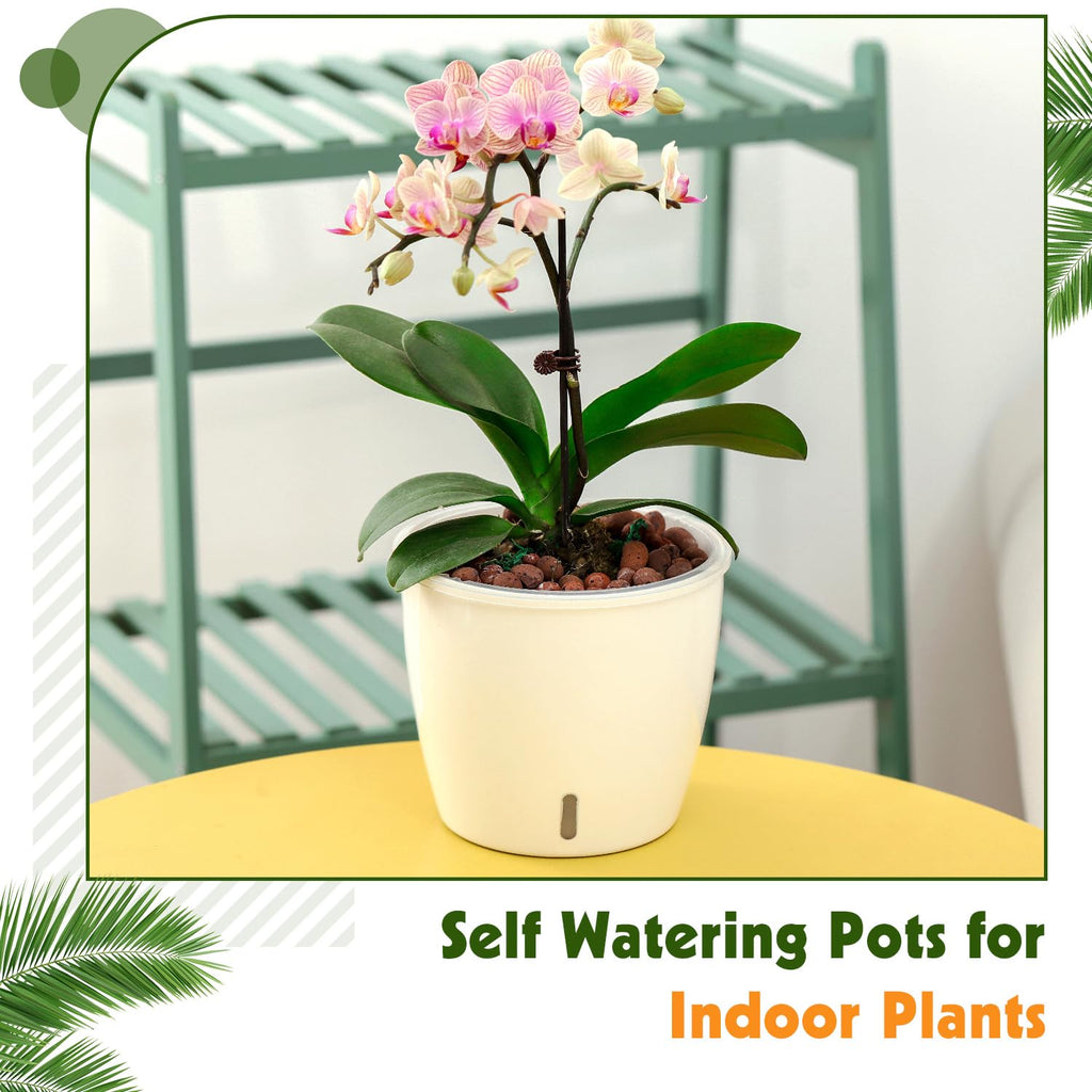 Self-Watering Pots for Indoor Plants, 16-Pack Self Watering Planter with Drainage Holes, Small African Violet Pots with Water Indicator, 10-Pack 5''/6-Pack 6.7'' Orchid Pot, Black