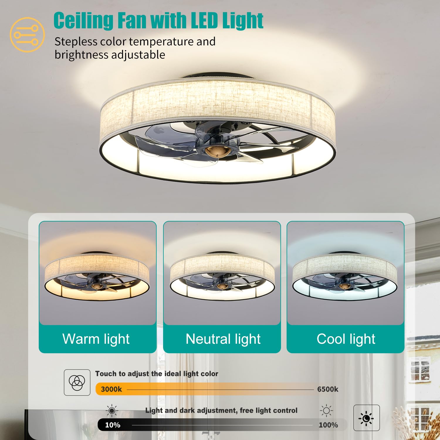 20" Boho Rattan Caged Ceiling Fan with Light,Low Profile Flush Mount Bladeless Ceiling Fan with Remote Control, 6 Speeds Reversible Silent Motor, Farmhouse Fabric Fandalier for Bedroom,Living Room