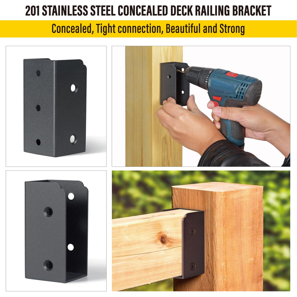 AECXM 201 Stainless Steel 2" x 4" (1 ½" x 3 ½" Actual) Deck Railing 27.5° Stair Connectors, for Deck Railing Stair Handrail Connection Installation Deck Railing Bracket (4 Pair-Black)