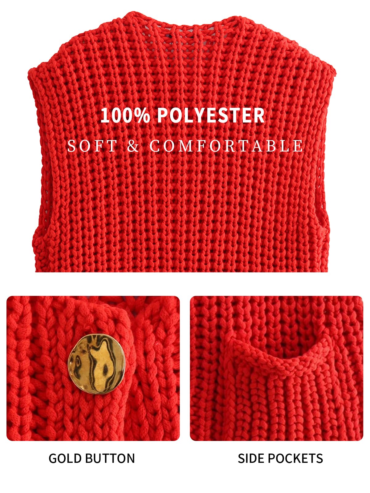 KEOMUD Women's Sleeveless Cropped Knit Cardigan Casual Button Down Crochet Sweater Vest Tops with Pockets