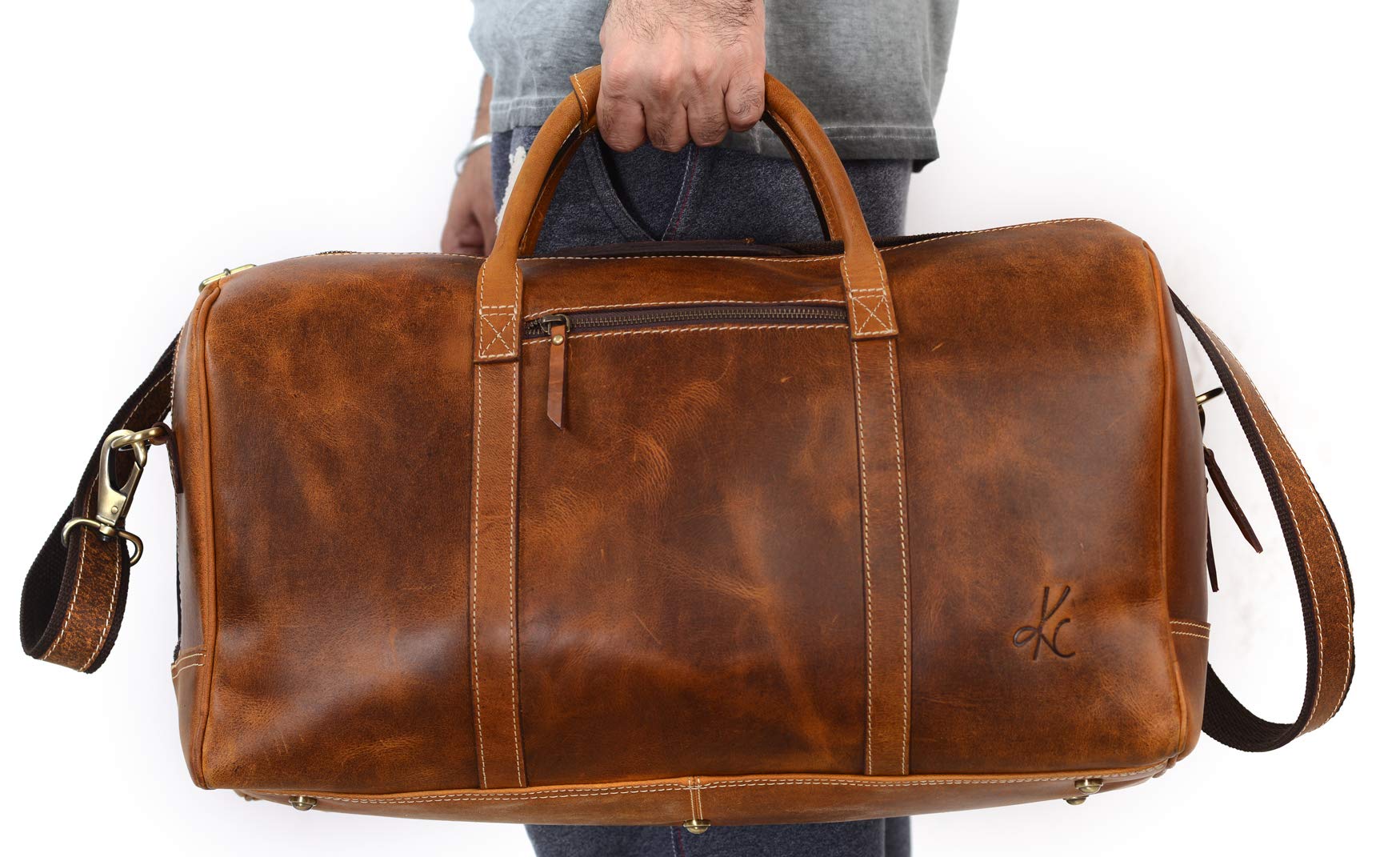 KomalC Leather Duffle Bags for Men and Women Travel Overnight Weekend sports bag holdall Gym Duffel for Men (Dark Tan, 20 Inch)