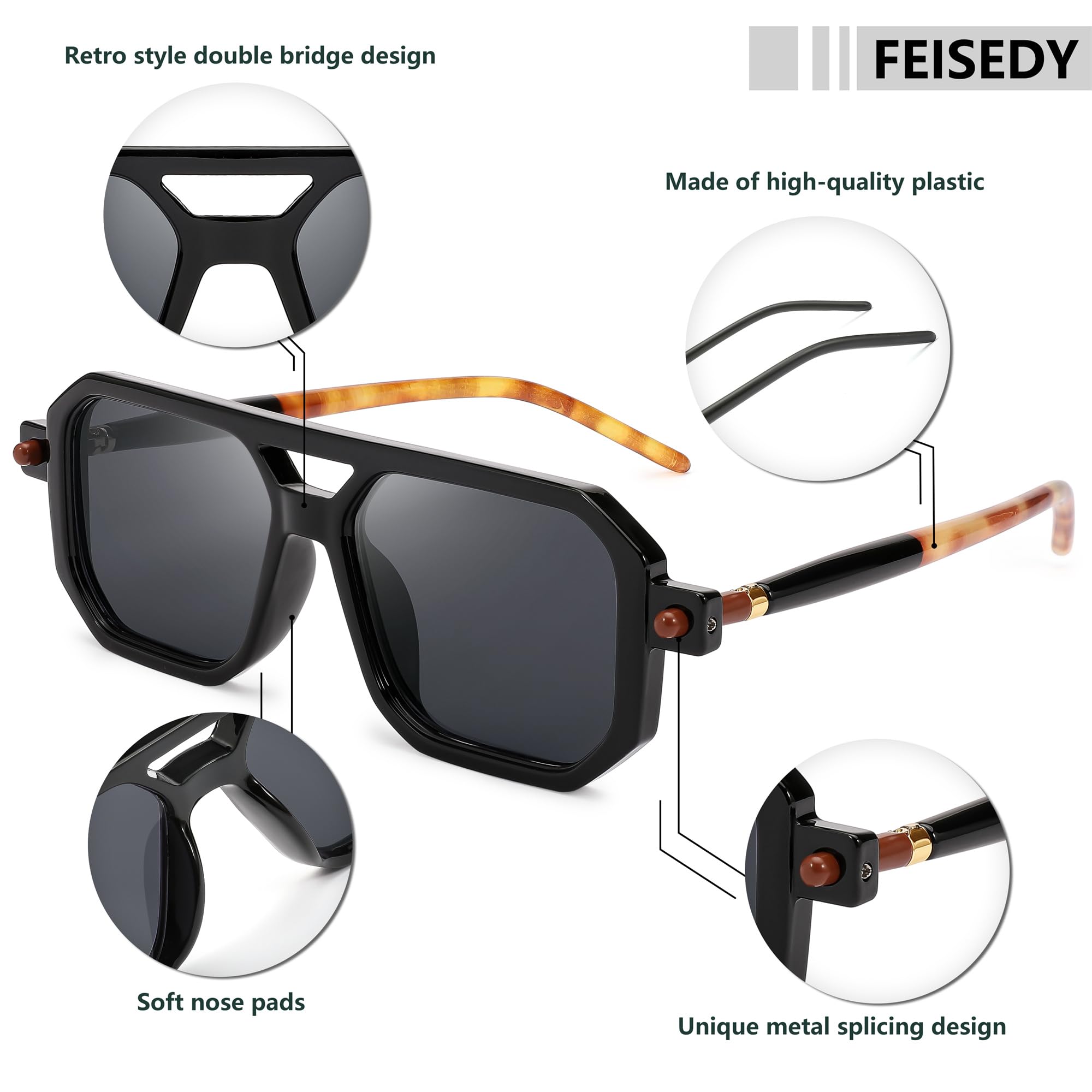 FEISEDY Vintage Square 70s Flat Aviator Sunglasses Women Men Classic Retro Stylish Frame UV400 Sunglasses B2622
