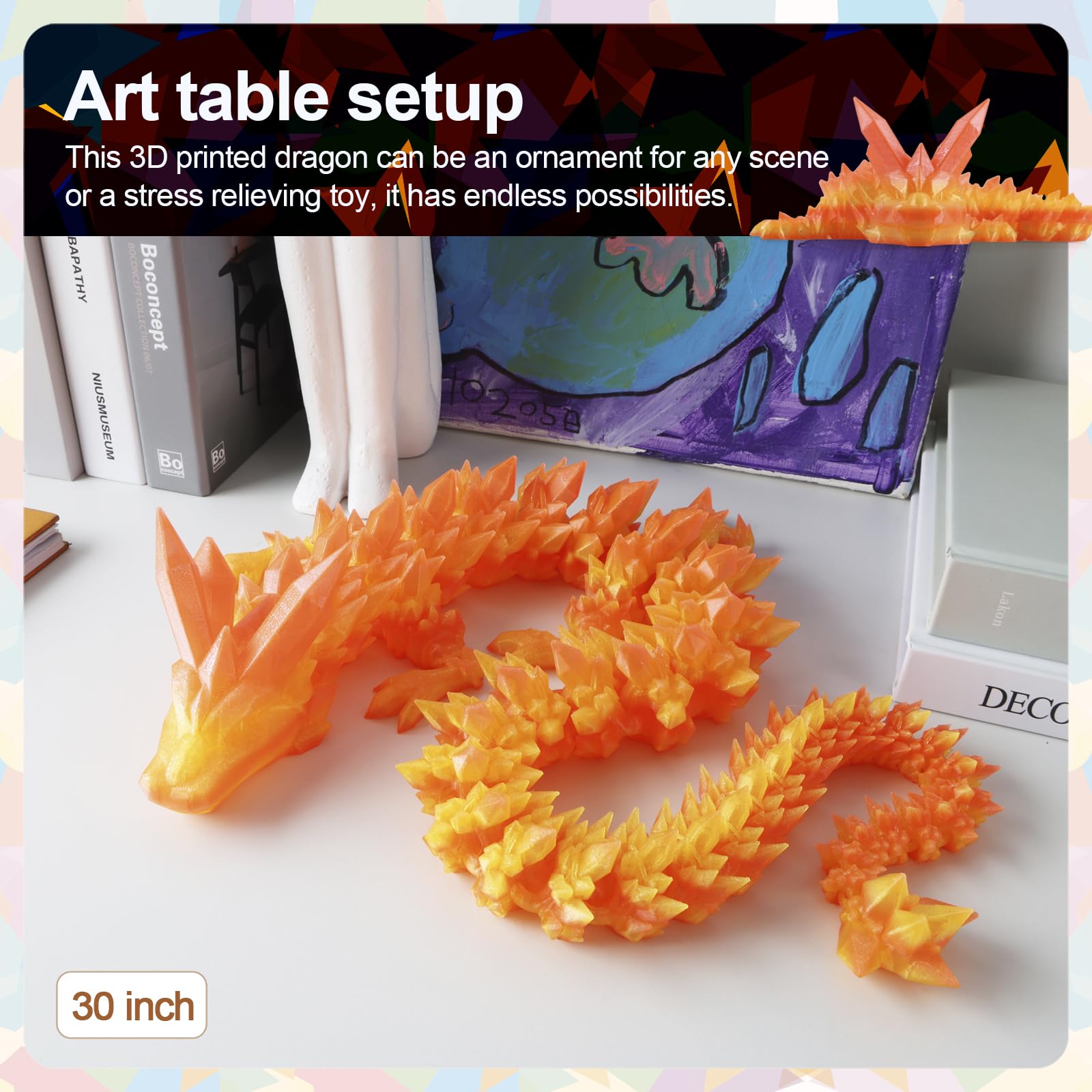 24" Large 3D Printed Dragon - Huge Articulated Crystal Dragon Fidget Toy, Giant Flexible 3D Dragon Figure, Birthday Gift for Boys Girls Kids & Collectors, Home Office Executive Desk Decor