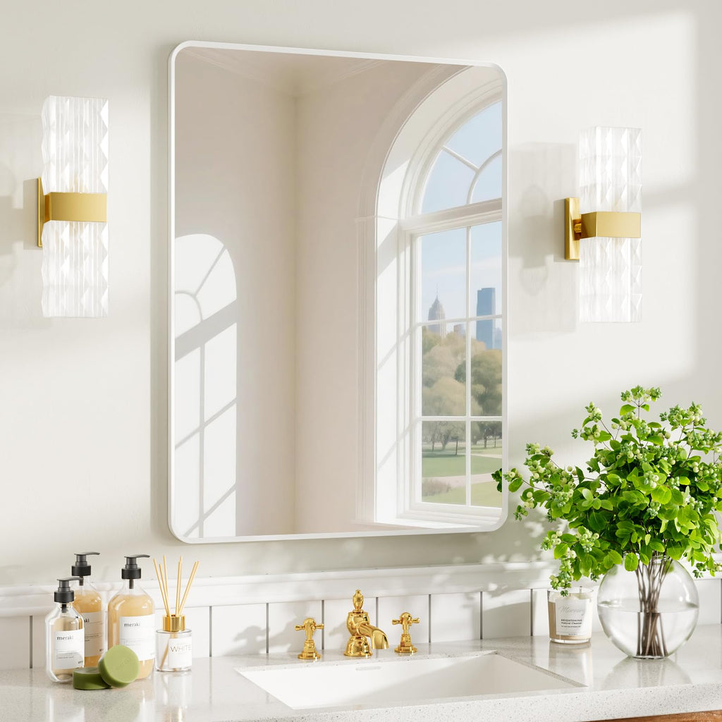 22x30 inch Gold Bathroom Mirror,Rounded Rectangle Gold Metal Framed, HD Tempered Glass, Horizontal or Vertical Hanging, Modern Bathroom Decor