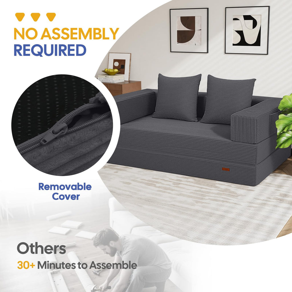 COMAX Futon Sofa Bed, 4‑in‑1 Convertible Sofa Bed, Folding Boneless Couches | Boneless Couch for living room, Fold Out Small Foldable Loveseat Floor Sleeper Mattress Lounge Space‑Saving, Ash Gray